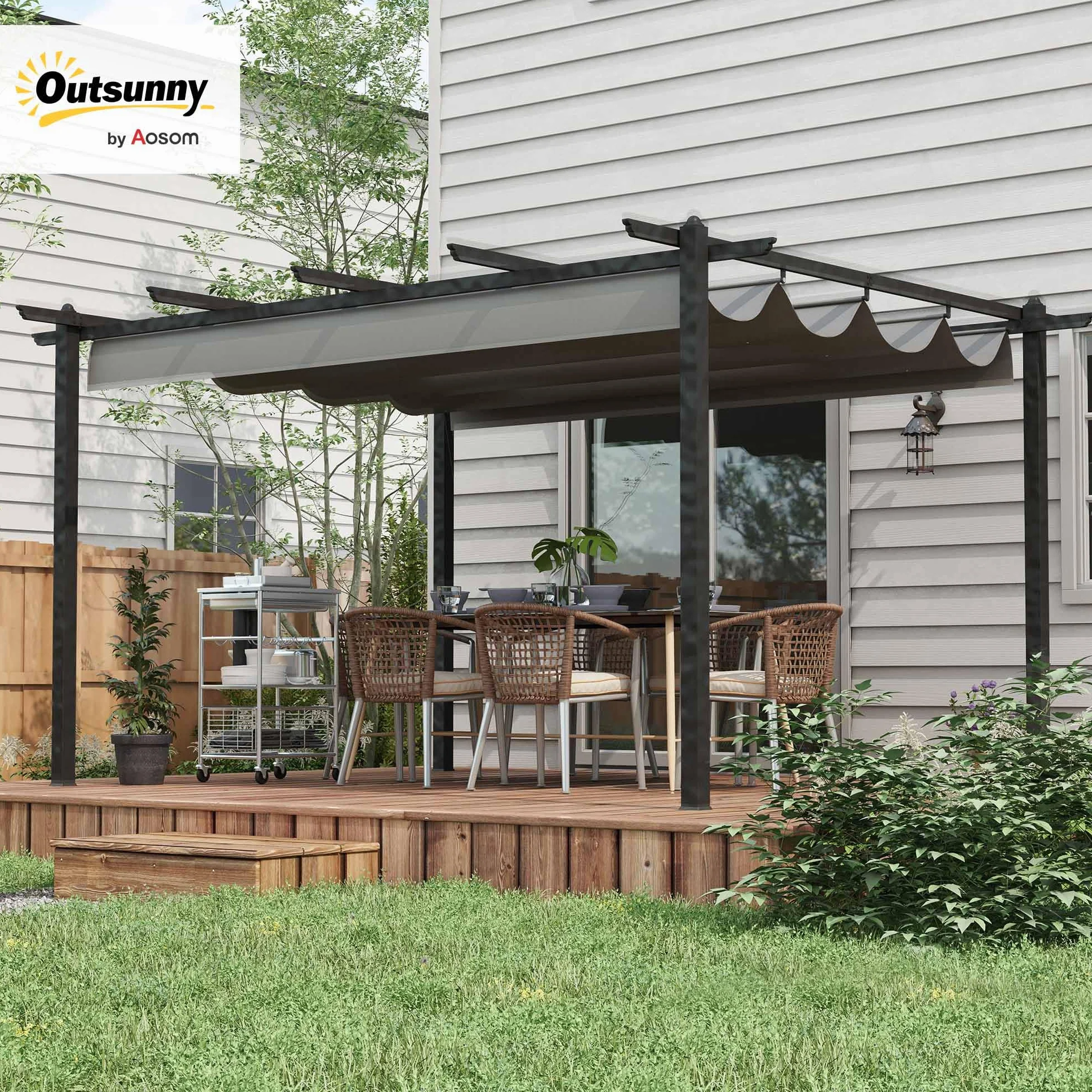 Outsunny Pérgola de Jardín 4x3 m con Techo Retráctil, Cenador de Jardín con Estructura de Aluminio, UPF30+, Orificios de Drenaje, Pabellón para Exterior, Patio, Terraza, Gris