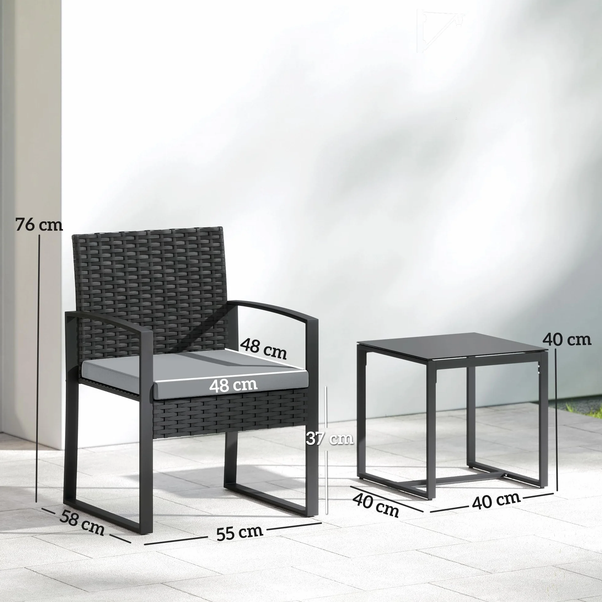 Outsunny Conjunto de Jardín Exterior de 3 Piezas, Muebles Jardín Exterior de Ratán con 2 Sillas con Cojines Lavables y Mesa de Vidrio Templado, Resistente a Intemperie, para Balcón, Patio, Gris Claro