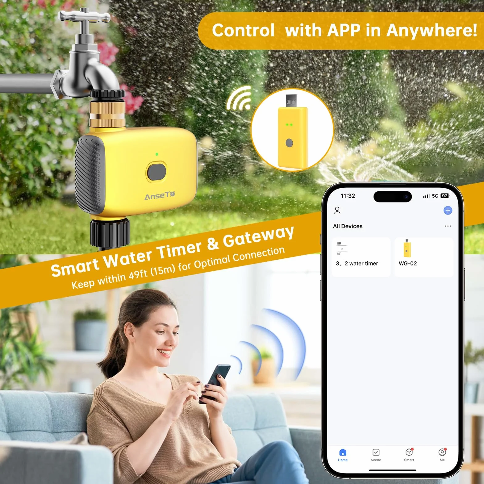 Programador de Riego WiFi con Concentrador, Entrada de Latón, Temporizador Automático de Riego con Retardo por Lluvia para Jardín Invernadero Césped