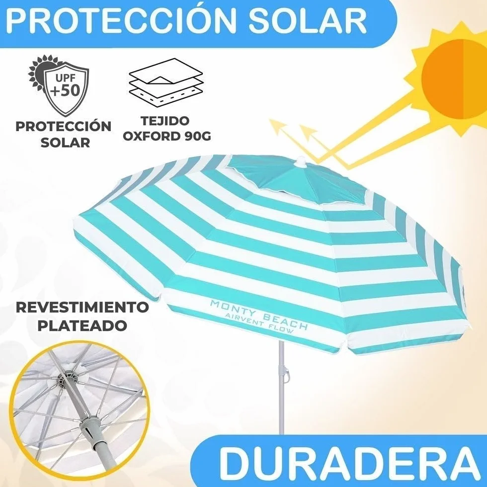 LOLAhome Sombrilla Playa 200 cm Protección UV+50 Antiviento Varillas Flexibles Techo Ventilación Mástil Inclinable Regulable Altura Bolsa Transporte