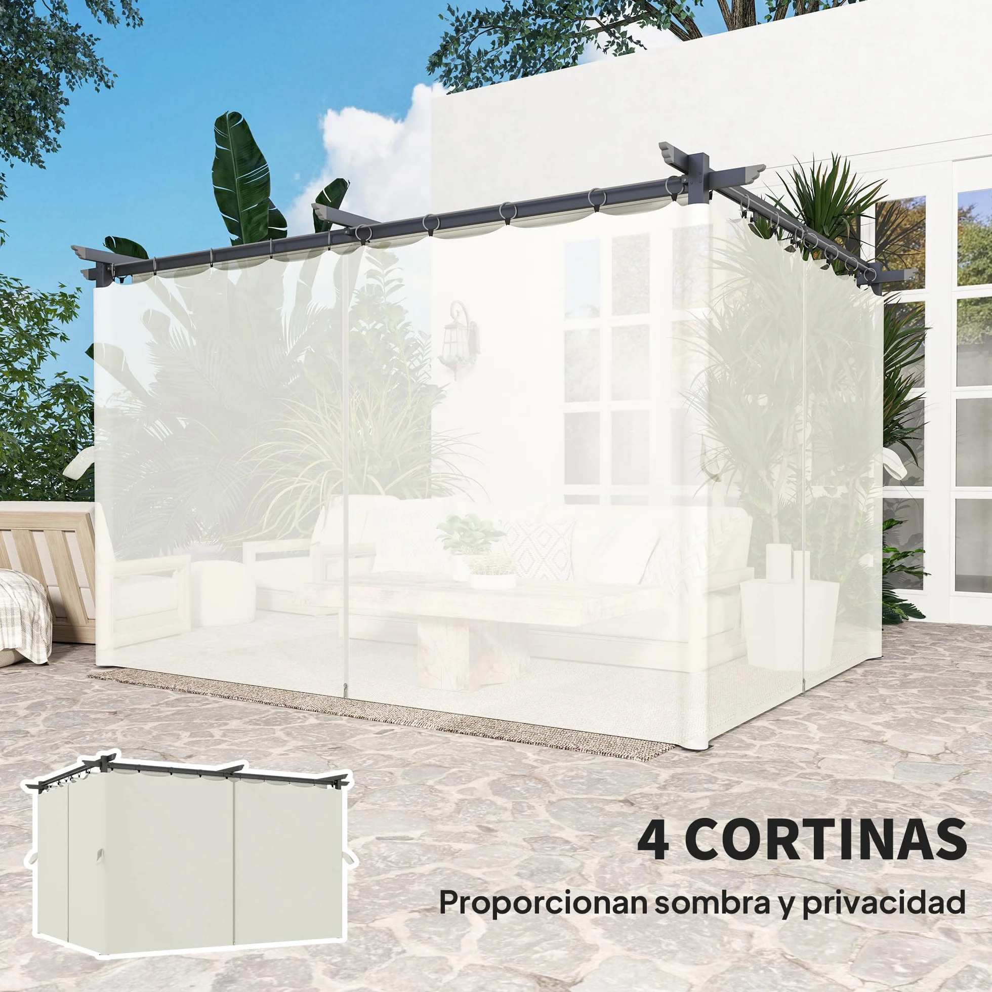 Outsunny Pérgola de Aluminio 4x3 m con Techo Retráctil y Paredes Laterales Anti-UV Resistente al Agua para Jardín