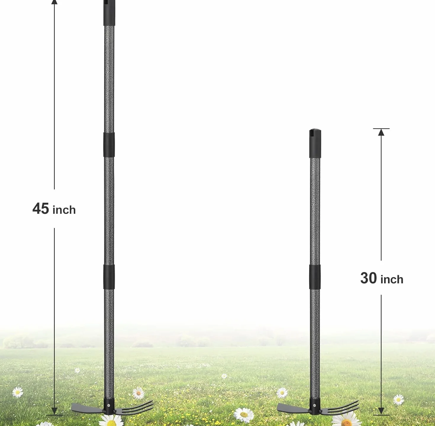 Azada de jardín 2 en 1, 114 cm, cubo tridente con mango largo ajustable para jardinería