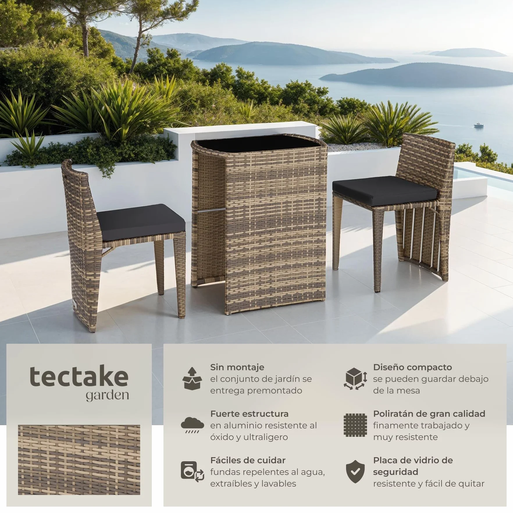 Tectake Conjunto Jardín Exterior Ratán Aluminio 2 Sillas Cojines Mesa Cristal Natural