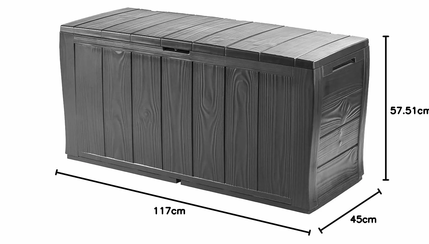 Keter Baúl de resina efecto madera con ruedas y cerradura, 117 x 45 x 57,5 cm, 270 L, Gris Grafito