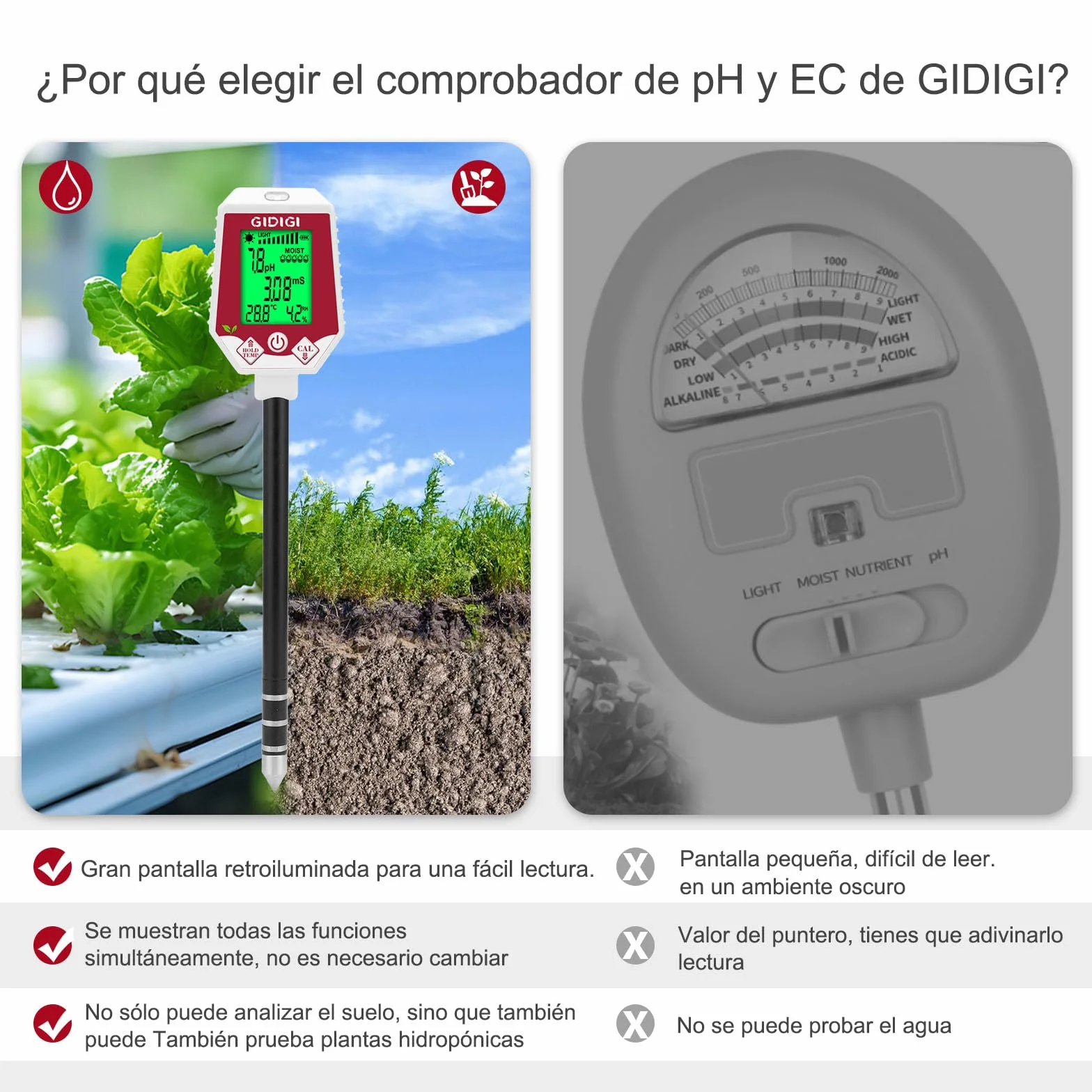Medidor de pH y Humedad del Suelo 6 en 1, Monitor Digital para Plantas, Jardinería y Agricultura