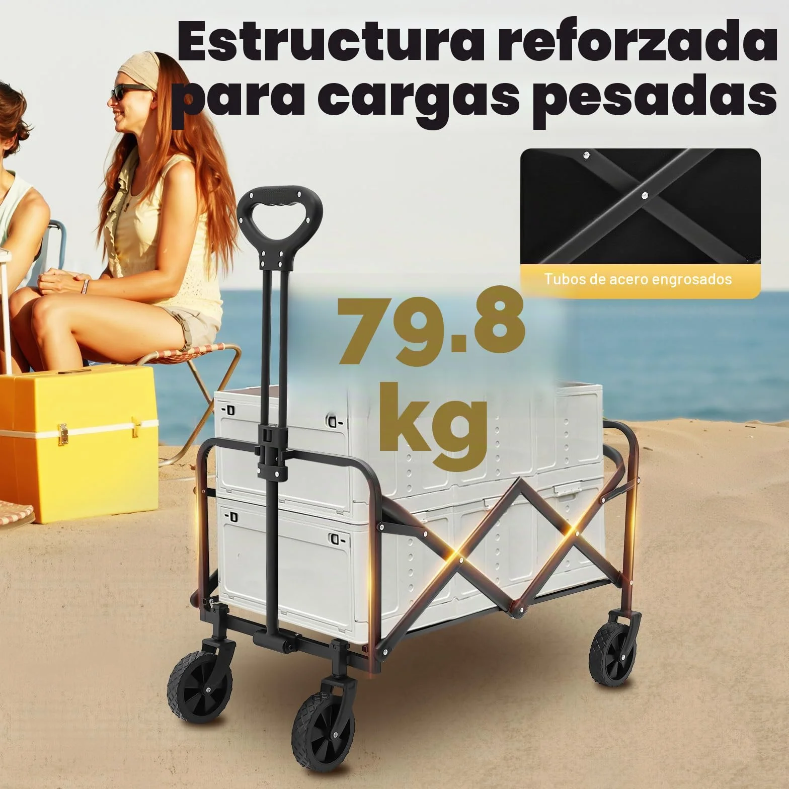 Carro plegable de hasta 80 kg – Carro de transporte con 2 soportes para copas para playa, jardín, camping y compras (ligero y resistente, negro)