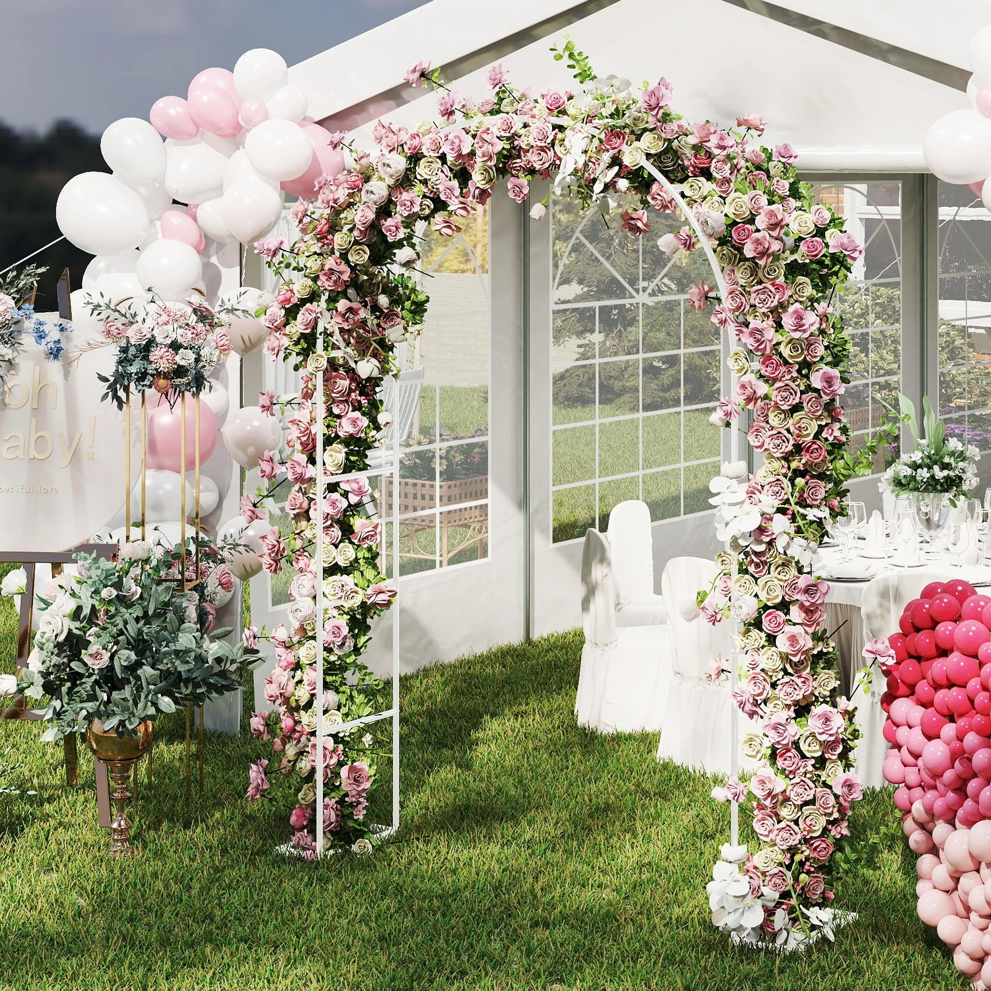 Froadp Arco para rosas de metal 192 x 38 x 240 cm, arco con recubrimiento de polvo en blanco, resistente a la intemperie, para plantas trepadoras, jardín, boda y terraza