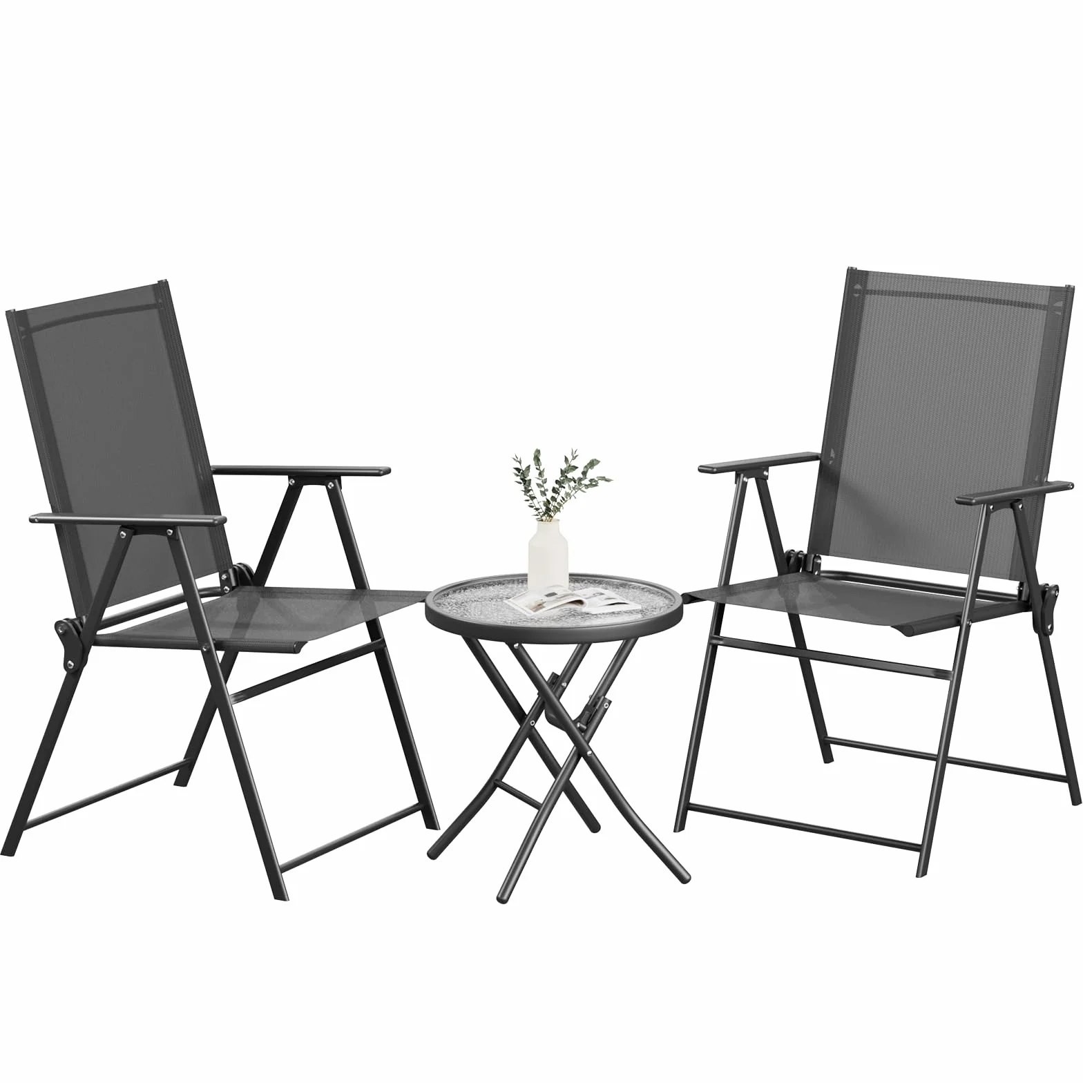LIFERUN Set de Balcón 3 Piezas Metal, Bistró Plegable con 2 Sillas y Mesa de Vidrio, Muebles de Jardín Exterior Negro