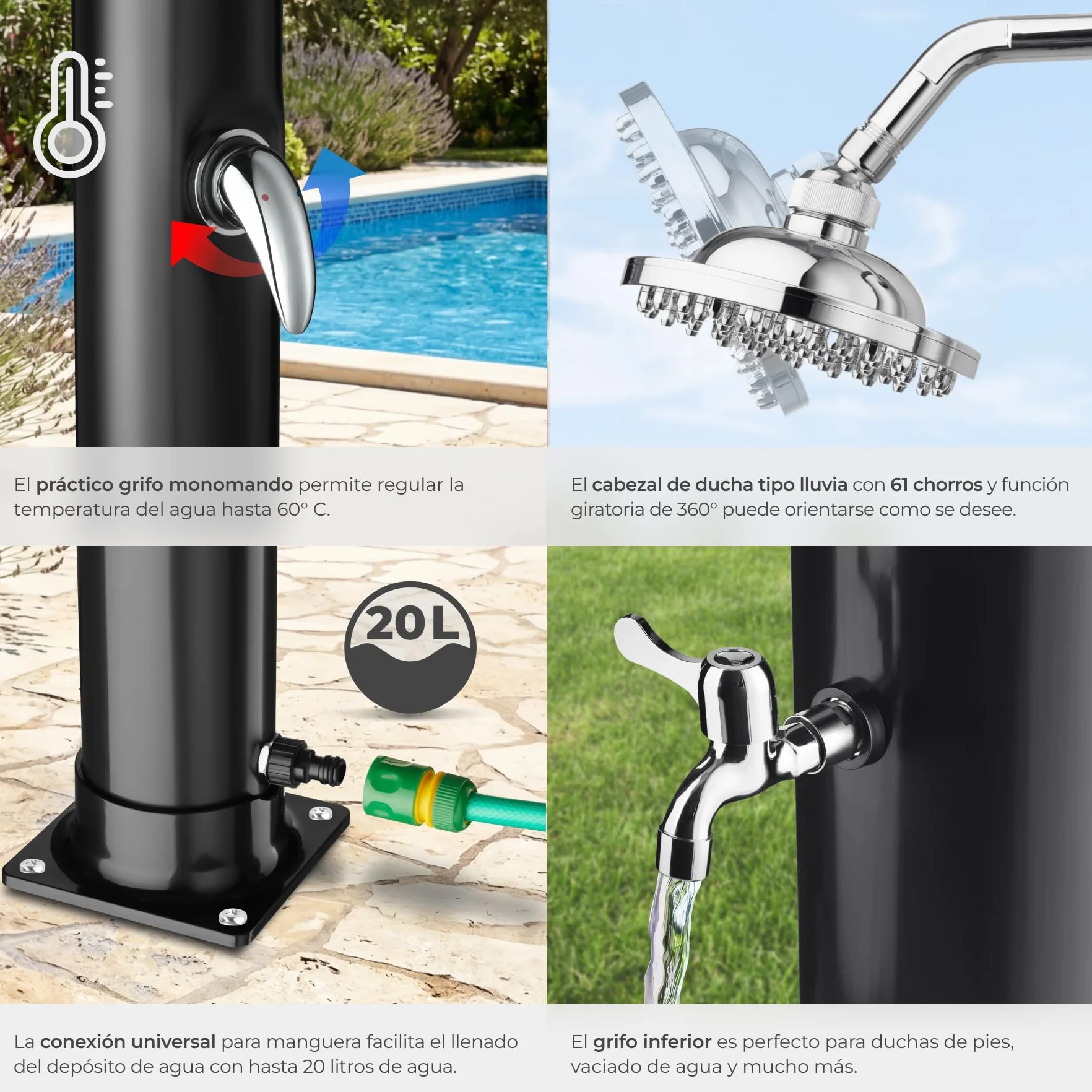 Ducha Exterior Jardin 20L Negro Resistente Intemperie Temperaturas Altas Alcachofa 360° Grifo Pies Conexión Manguera Solar
