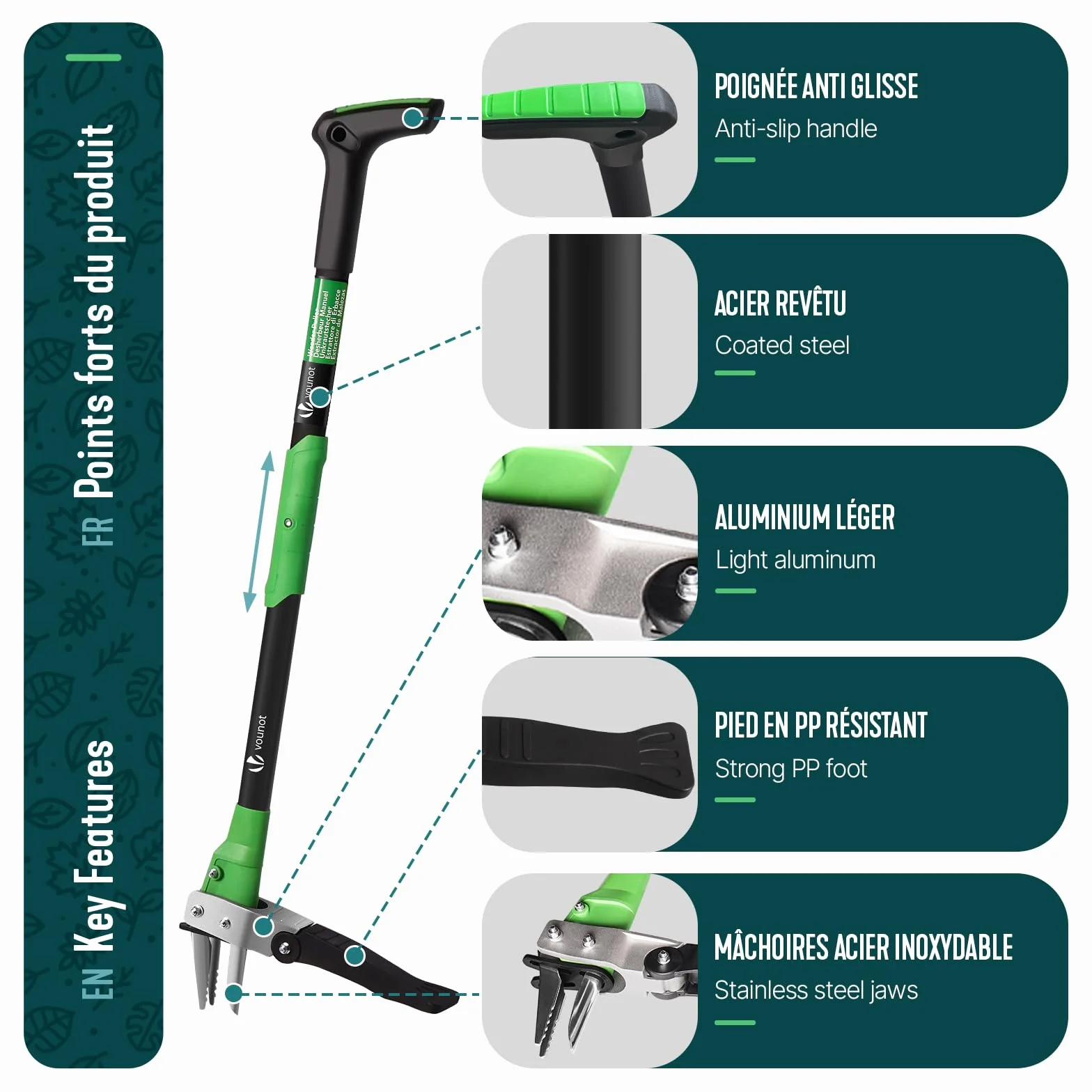 VOUNOT Extractor de Malezas de Jardín con Garras de Acero Inoxidable y Pedal, 100cm