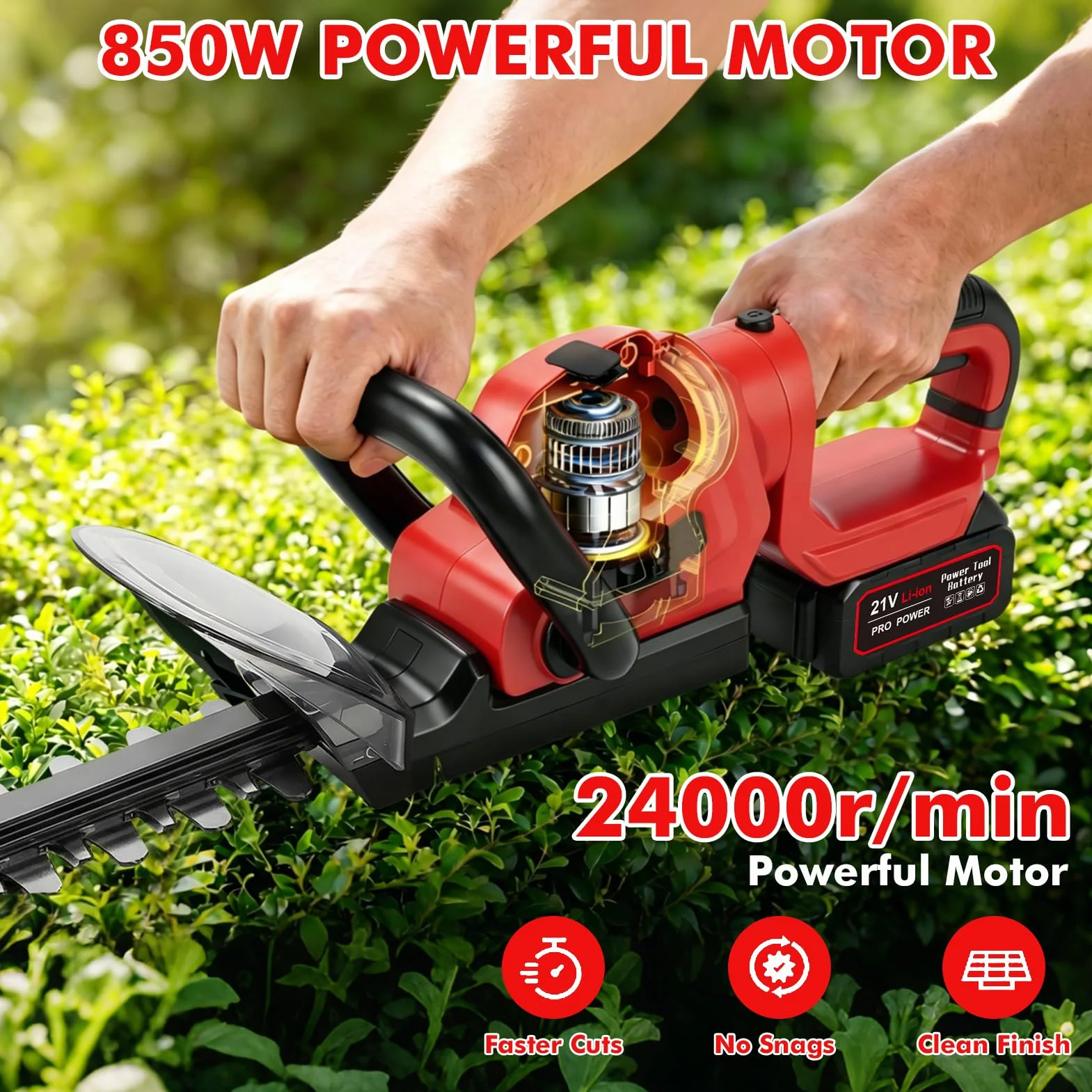 Cortasetos inalámbrico 21 V con 2 baterías de 3000 mAh y cargador, longitud de corte de 56 cm, separación entre dientes 18 mm, cuchilla doble filo SK5, cortasetos eléctrico 850 W para setos y arbustos