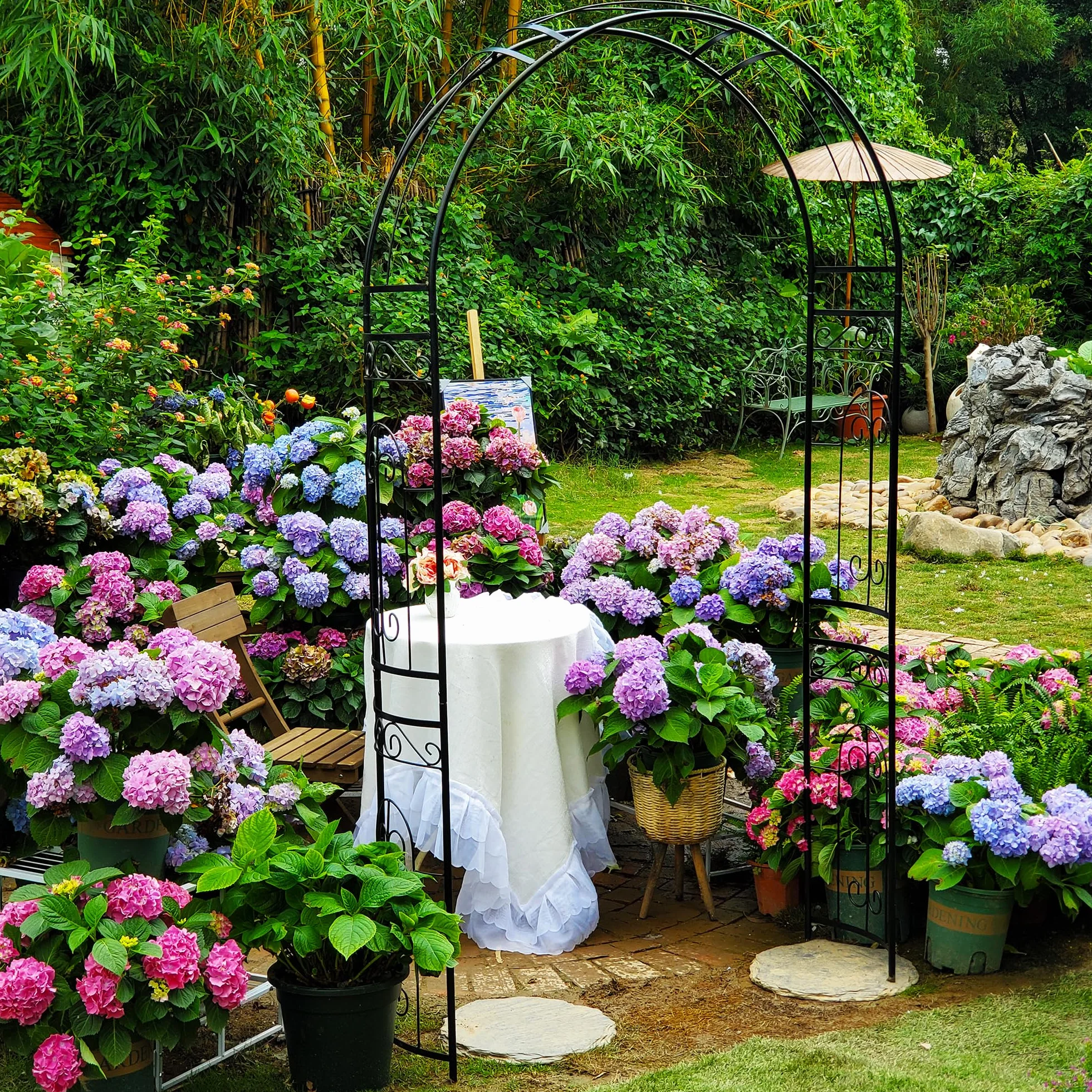 GARDEN Arco de jardín de Metal Negro 220x114x36CM Cenador Tubular para Rosas Plantas Trepadoras