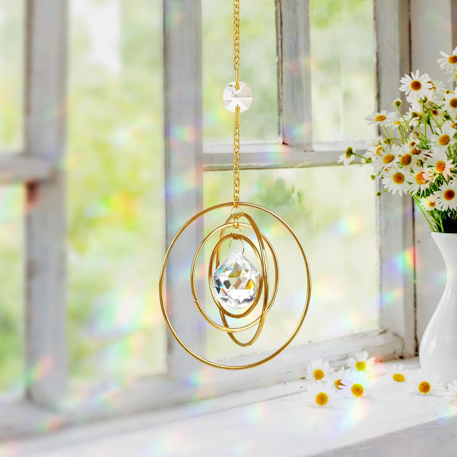 Captador de sol de cristal arco iris prismas decoración ventana colgante 4 círculos latón