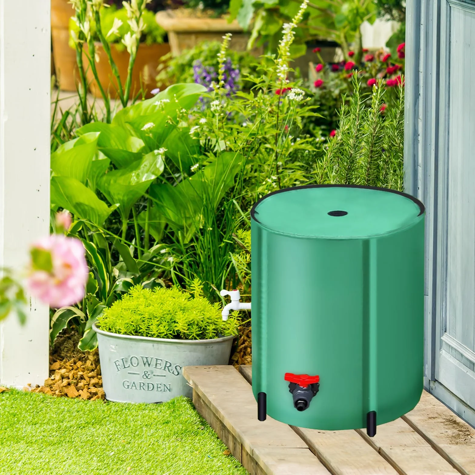 Barril de Lluvia Plegable 200L Verde con Tapa, Filtro y Grifos para Jardín