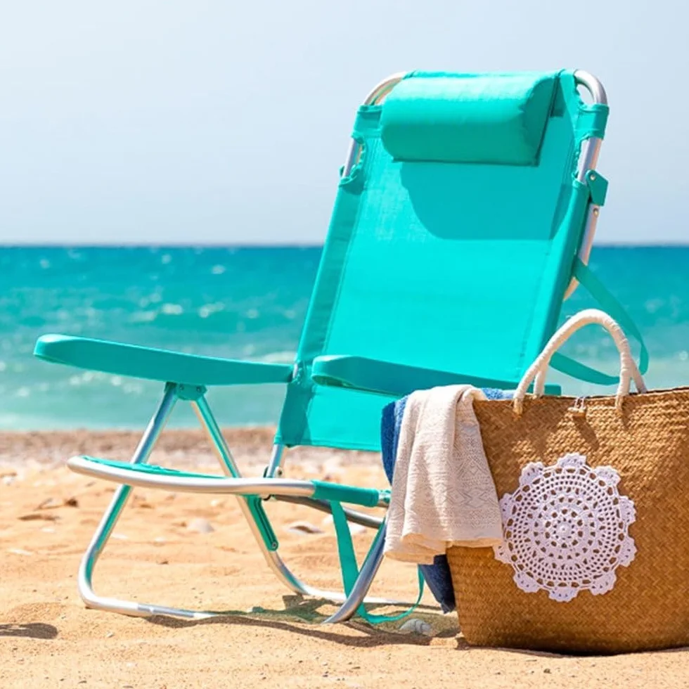 LOLAhome Silla Playa Plegable Ligera Portátil Reclinable 4 Posiciones Cojín Camping Piscina Terraza Jardín Aguamarina