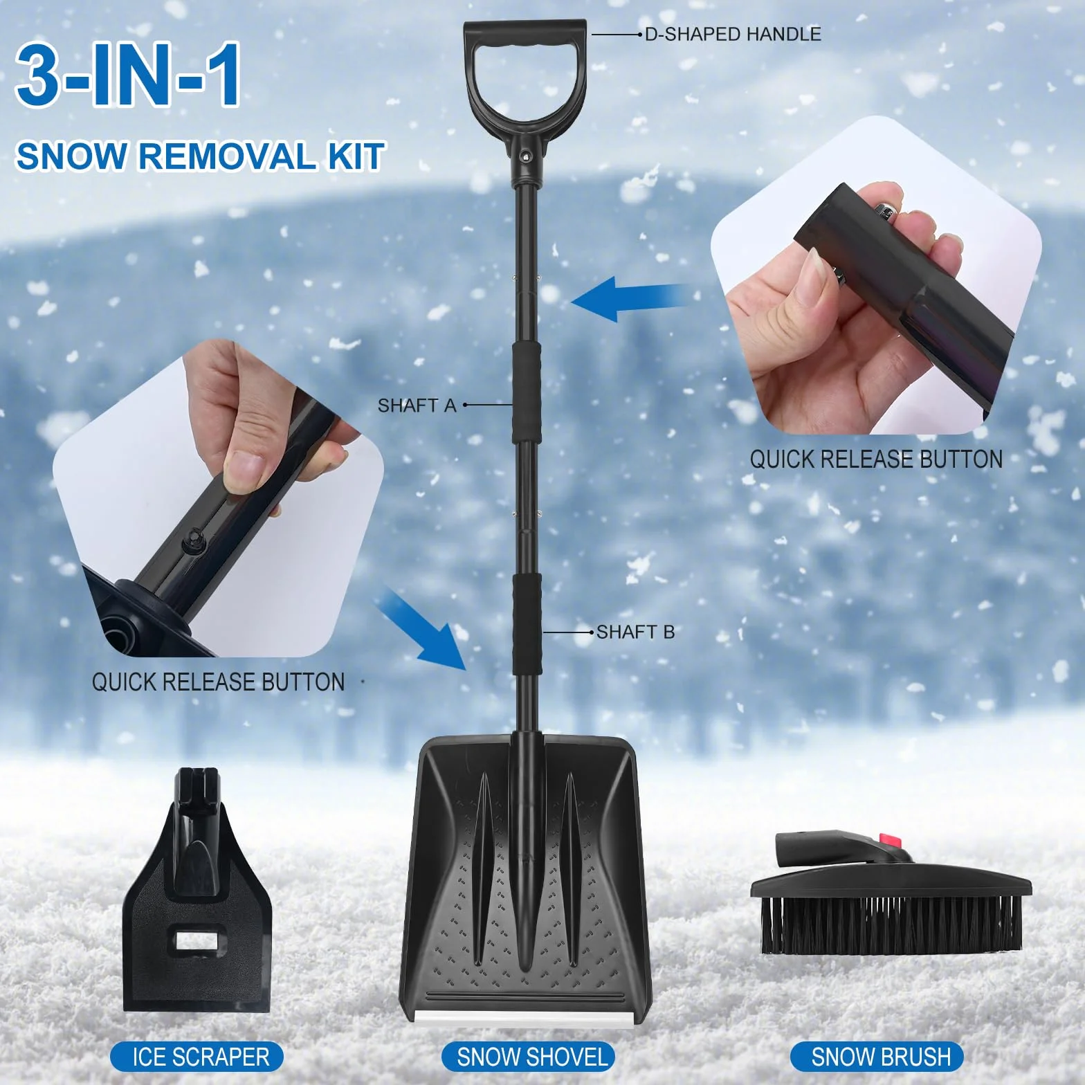 Pala de nieve 3 en 1 retráctil con raspador de hielo y cepillo, bolsa de almacenamiento y guantes (negro)