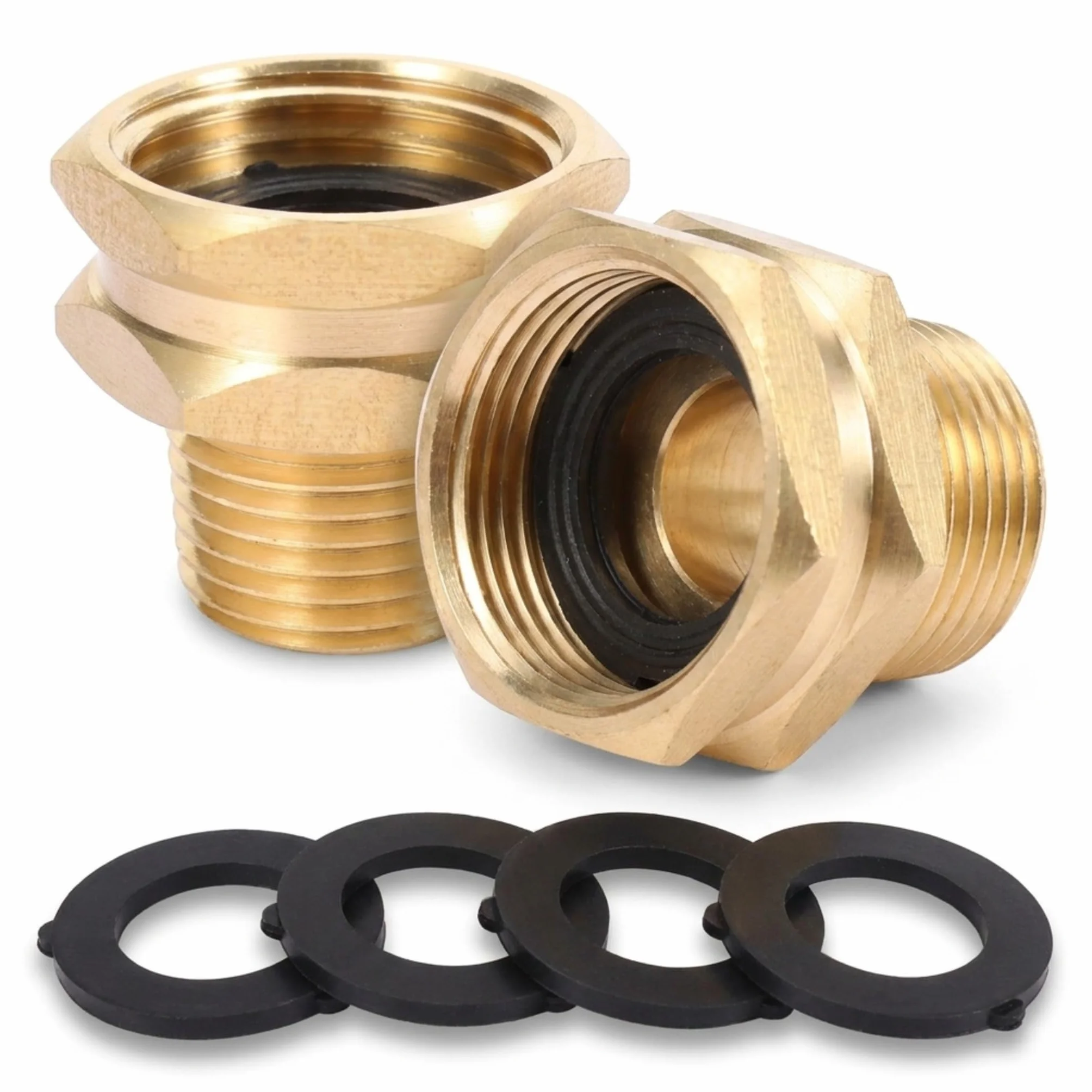 Performore Paquete de 2 conectores GHT hembra de 3/4 pulgadas a macho NPT de 1/2 pulgada, adaptador GHT a NPT de latón, adaptadores de metal de rosca de manguera de jardín, incluye 4 arandelas con 2