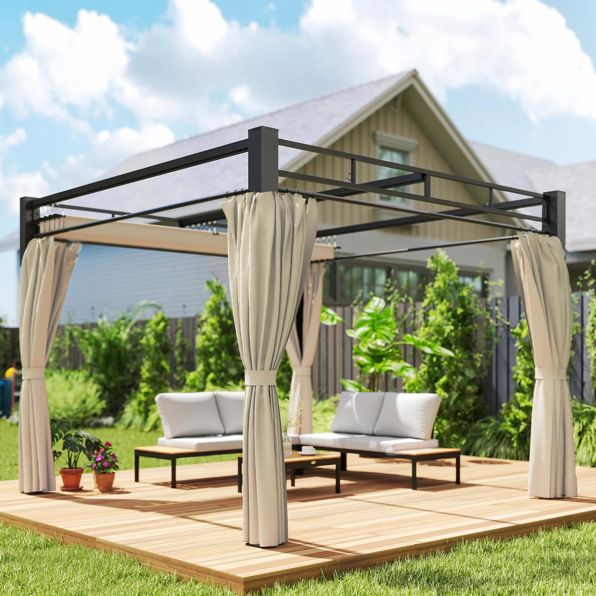 Outsunny Pérgola de Jardín 3x3 m con Techo Retráctil y 4 Cortinas, Cenador de Jardín con Protección UV30+, Impermeable, Estructura Metálica, Pabellón para Patio, Terraza, Exterior, Beige