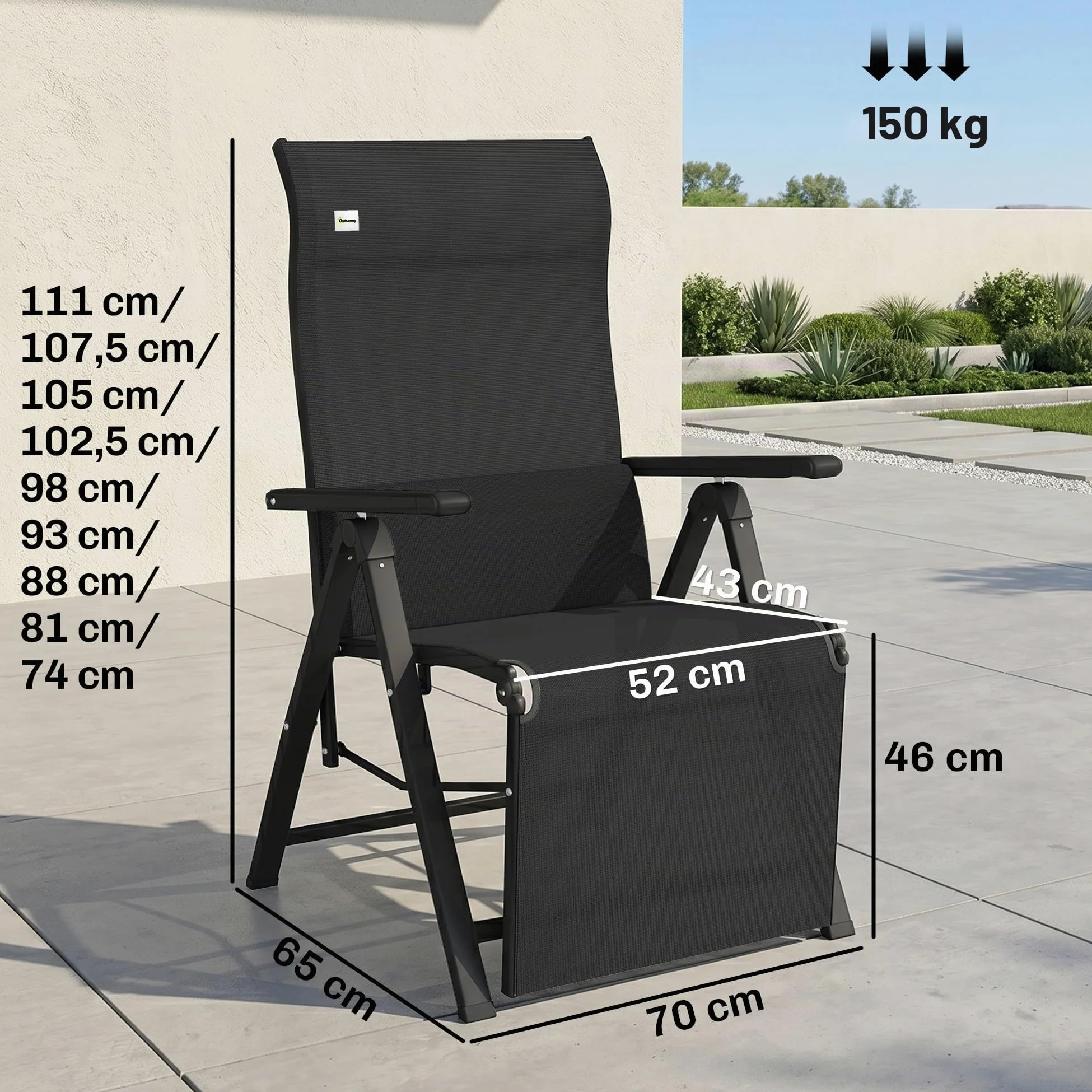 Outsunny Silla Reclinable Plegable de Jardín 9 Posiciones 150 kg Negro | Respaldo Ajustable, Cojín Lumbar, Estructura de Acero y Textilene Transpirable