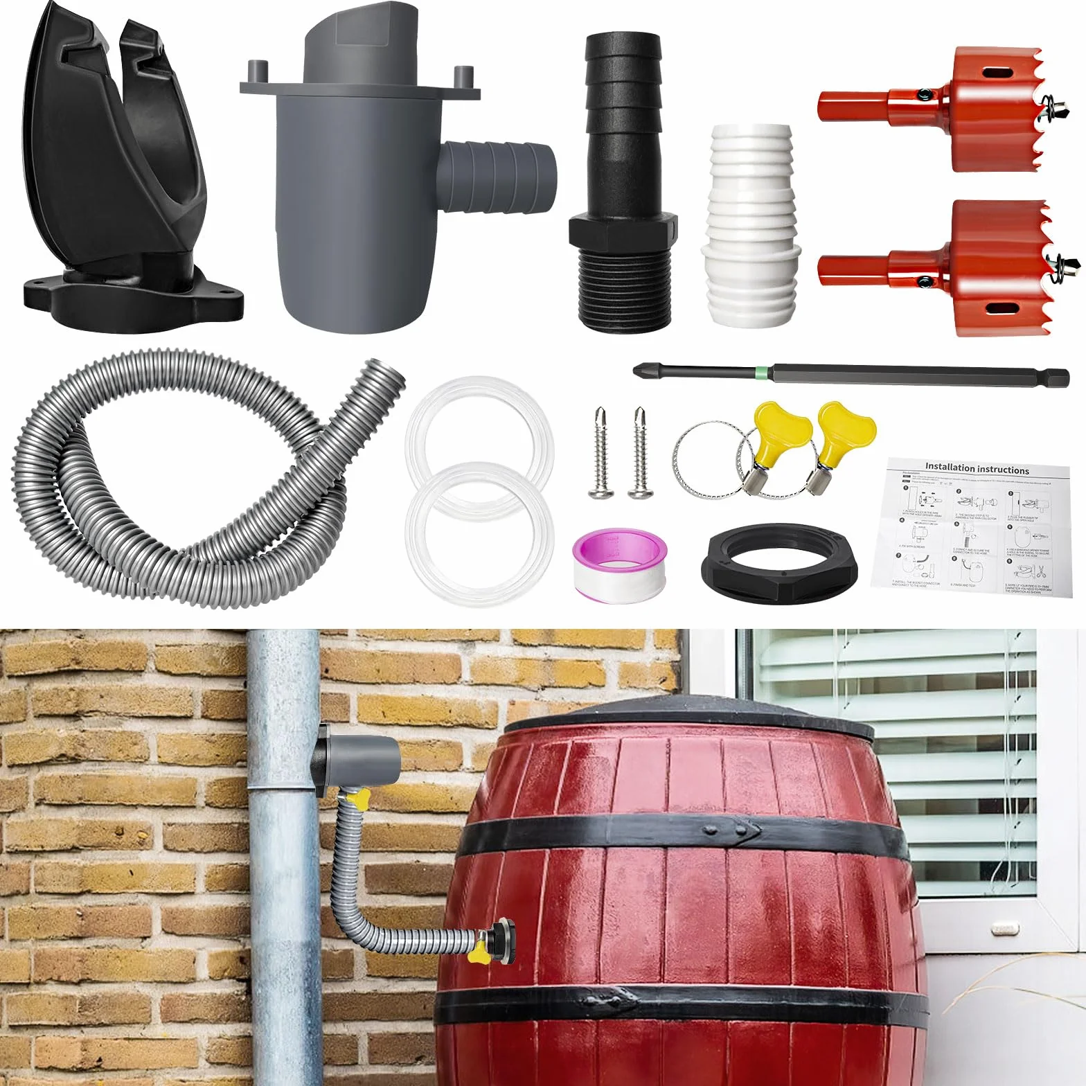 Colector de Agua de Lluvia para bajantes 70-110 mm, con Accesorios de Montaje y Manguera 1 m, para techos hasta 80 m²