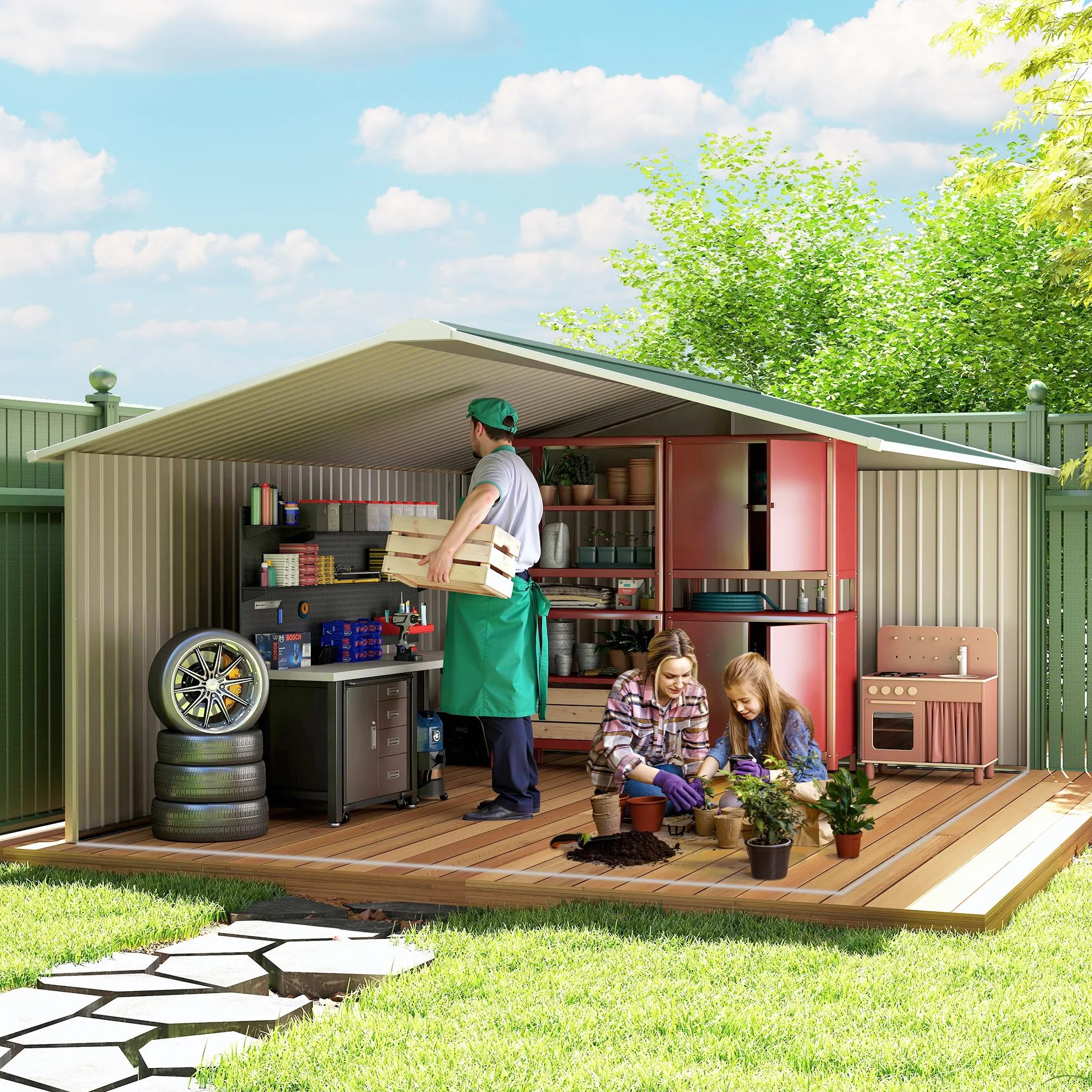 Outsunny Caseta de Jardín Exterior 12,4 m² 340x386x200 cm Cobertizo Metálico con Puertas Dobles y Cerradura Verde