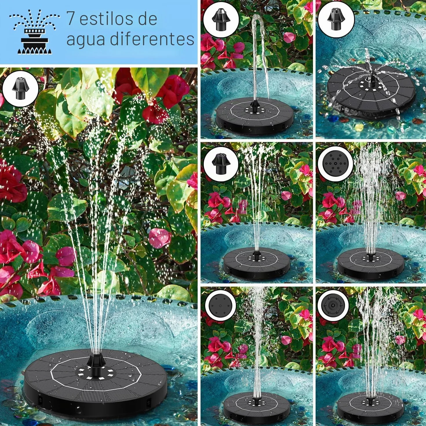 SZMP Fuente Solar - 3.5W 2026 Nuevo Bomba Solar para Estanque Exterior Solares para Jardin, 2200mAh Baterías con 8 Leds Colorido y 8 Boquillas, para Estanque de Jardín Fuente, Baño para Pájaros
