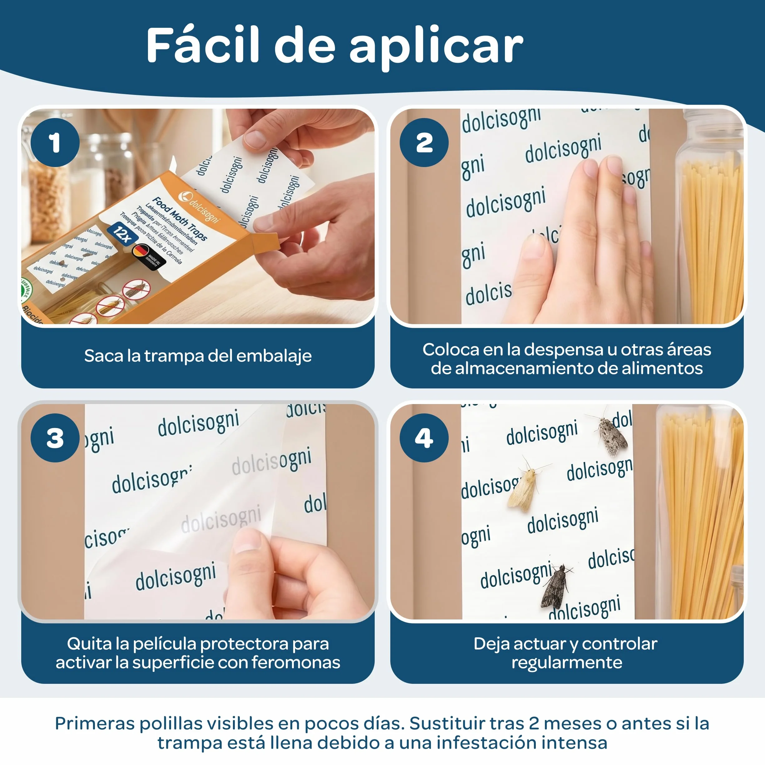 DOLCI SOGNI Trampa Polillas Alimentos 12 Hojas Antipolillas sin Biocidas Made in Germany Trampa Adhesiva Feromonas