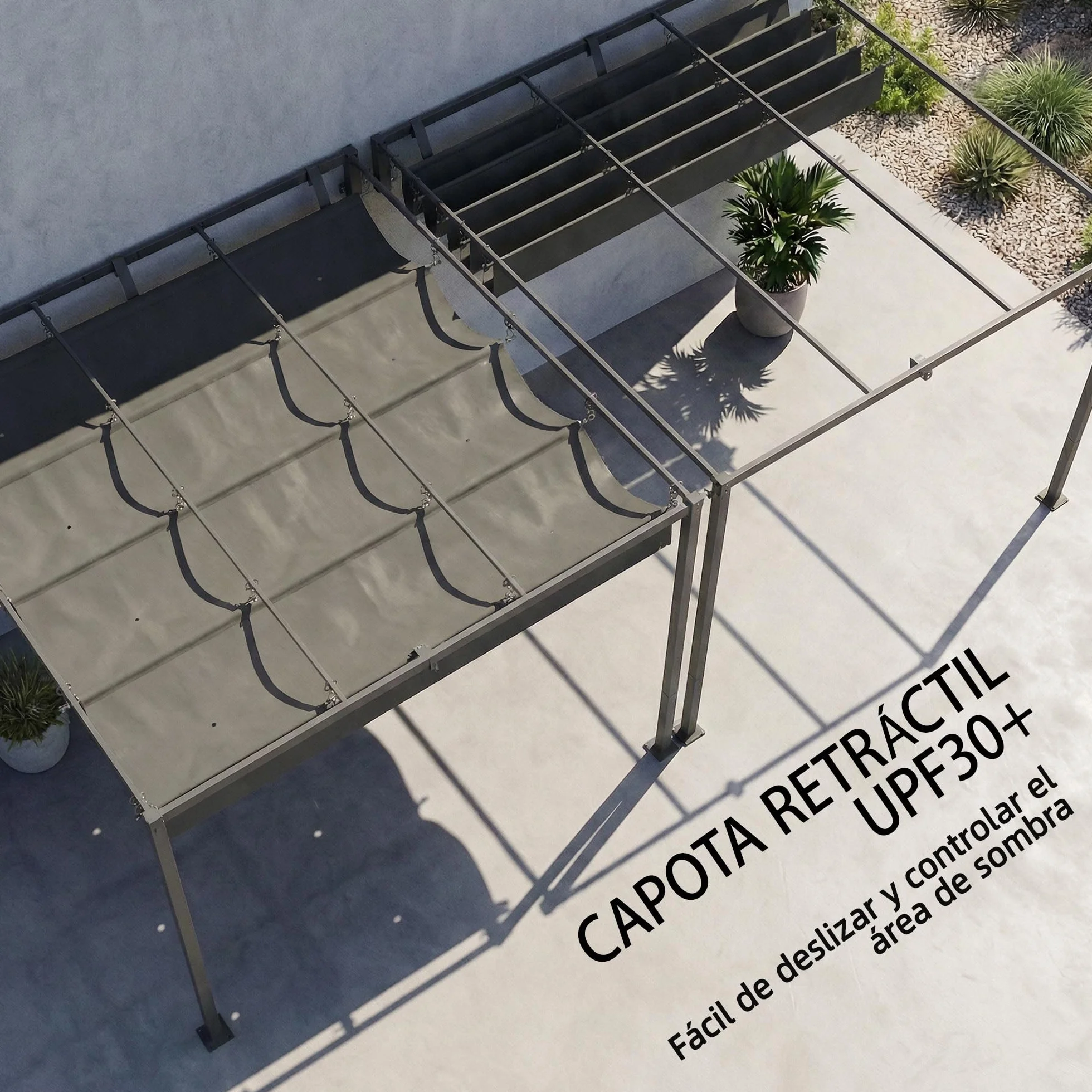 Outsunny Pérgola de Pared de Jardín 3x3 m, Cenador con Techo Retráctil, UPF30+, Estructura de Acero, Gris Oscuro