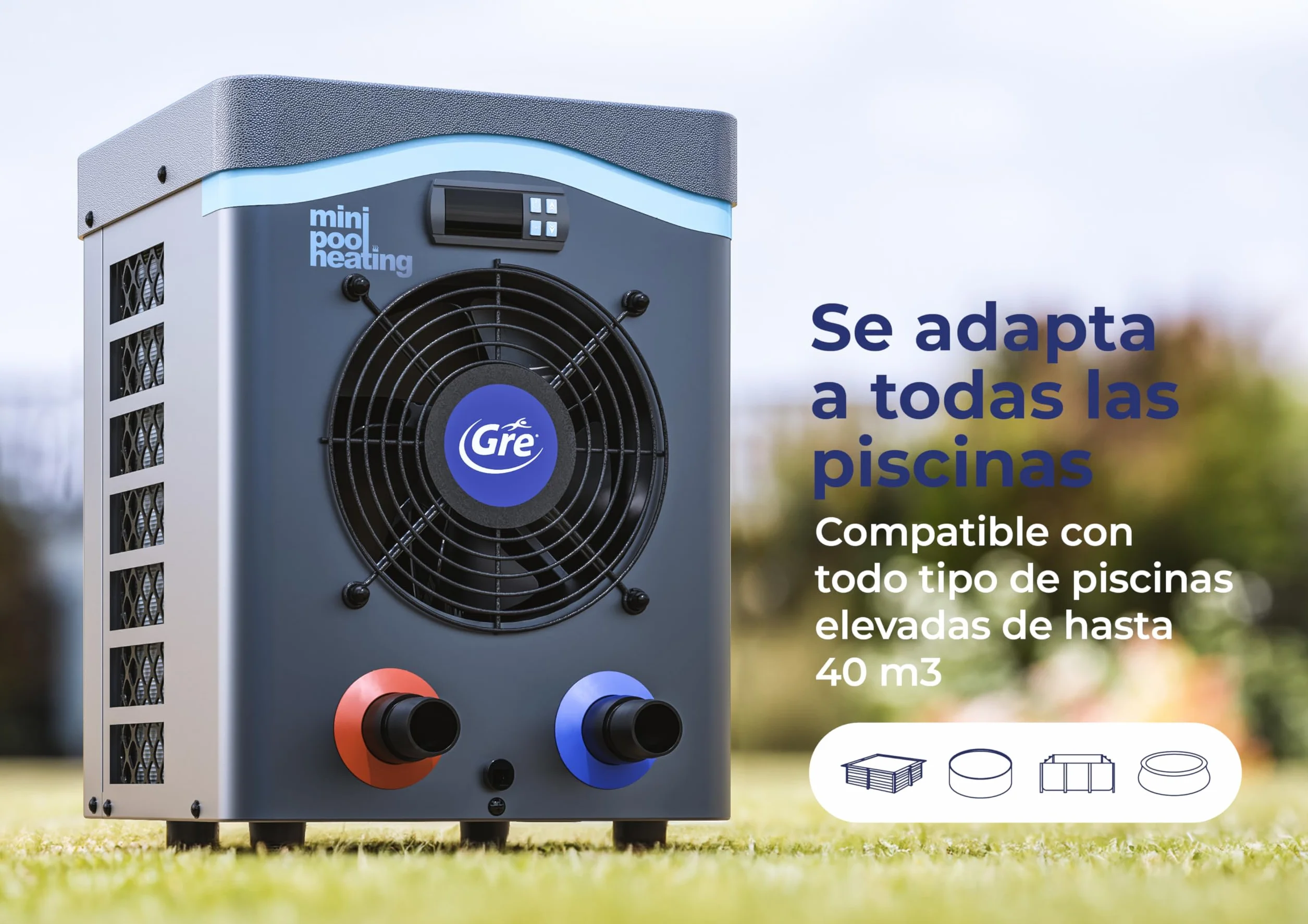 Bomba de Calor Mini para Piscina sobre Suelo 20 m3, Calefacción Piscinas Elevadas Gris Gre HPM20