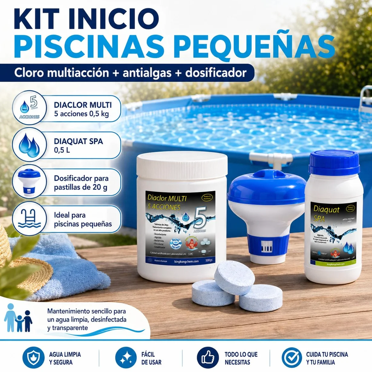 DIACLOR Kit Cloro Piscinas Pequeñas Multi 5 ACCIONES 500 GR Pastillas 20 GR SIN Cobre Antialgas DIAQUAT SPA 500 ML DOSIFICADOR