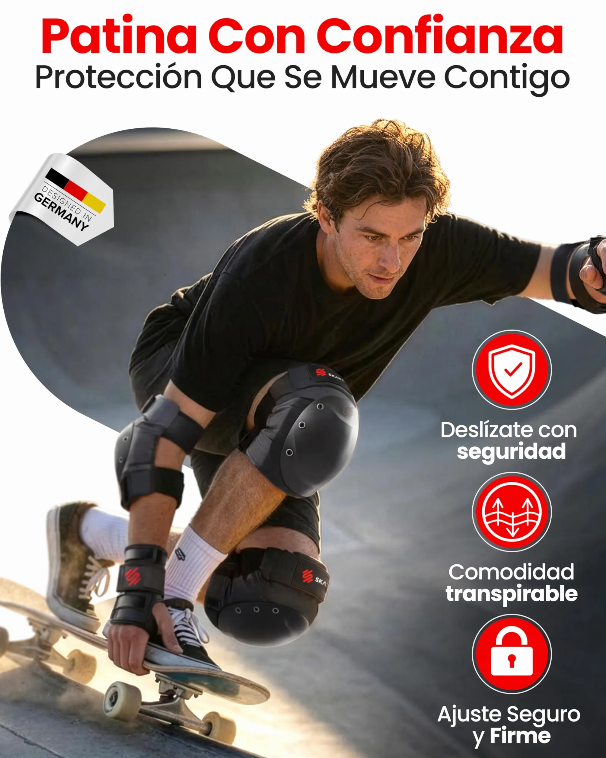 SKATEWIZ Rodilleras Patines Adulto Protectores Patines en Línea Skate Scooter Coderas SHIELD Talla M/L Negro