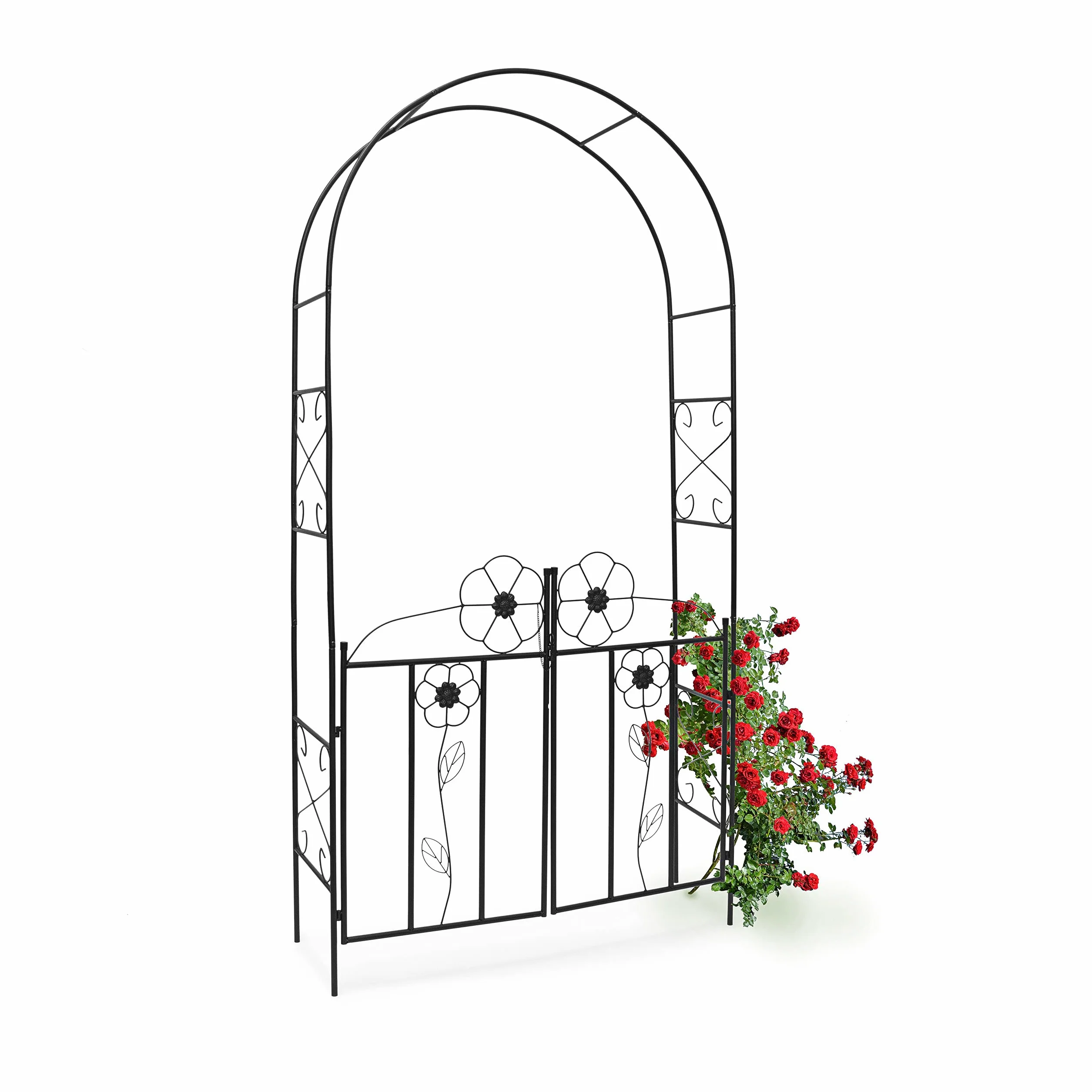 Relaxdays Arco de metal con puerta para rosas, 228 x 116 x 36,5 cm, polvo de hierro, negro