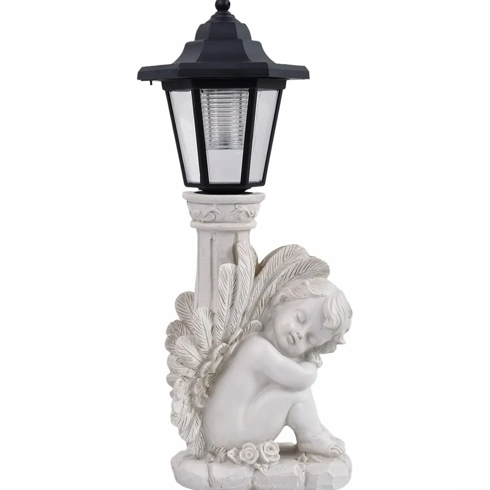 Estatua de ángel solar, luz conmemorativa de jardín de resina alimentada por energía solar, diseño de columna romana antigua para decoración de patio al aire libre (ángel de rodilla derecha)