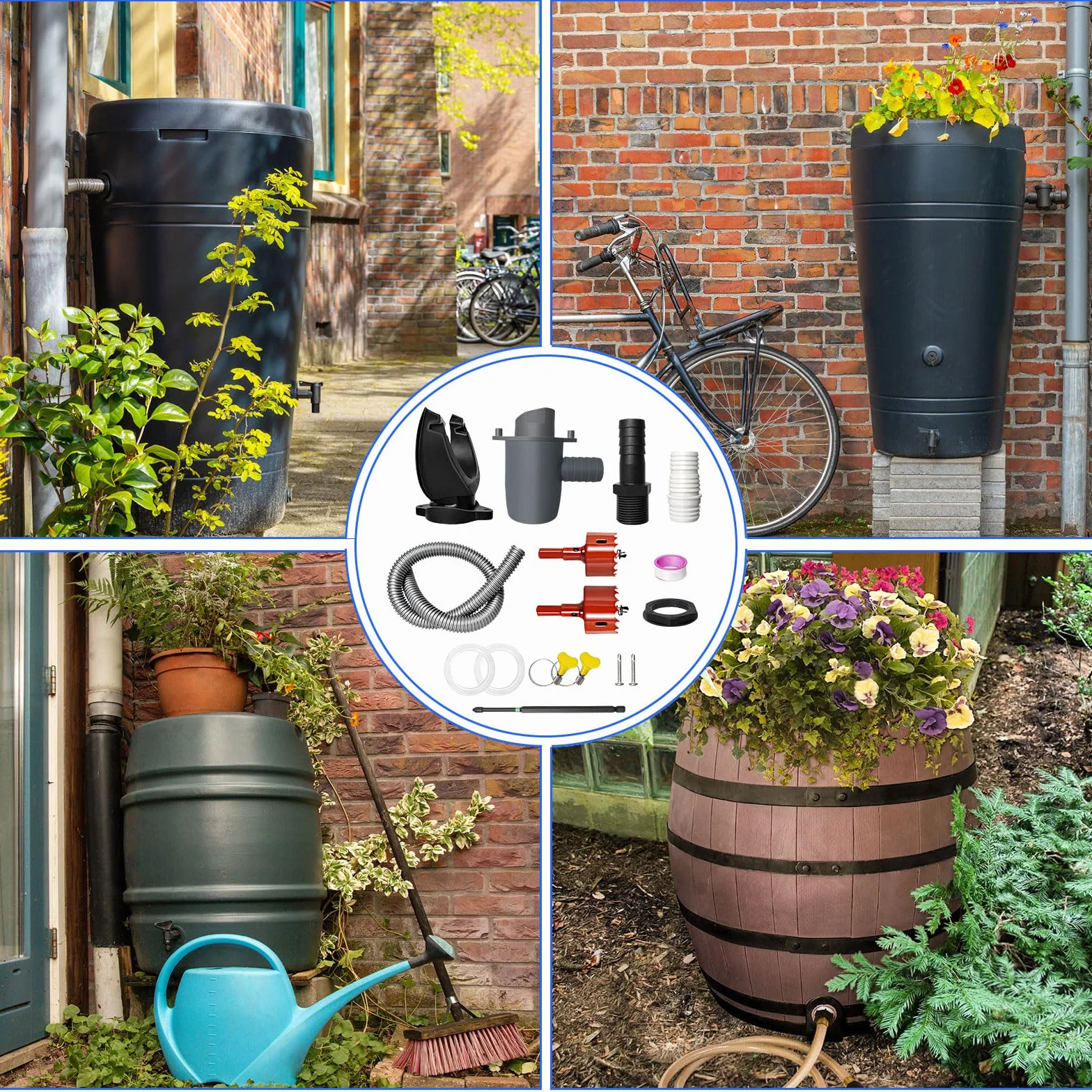 Colector de Agua de Lluvia para bajantes 70-110 mm, con Accesorios de Montaje y Manguera 1 m, para techos hasta 80 m²