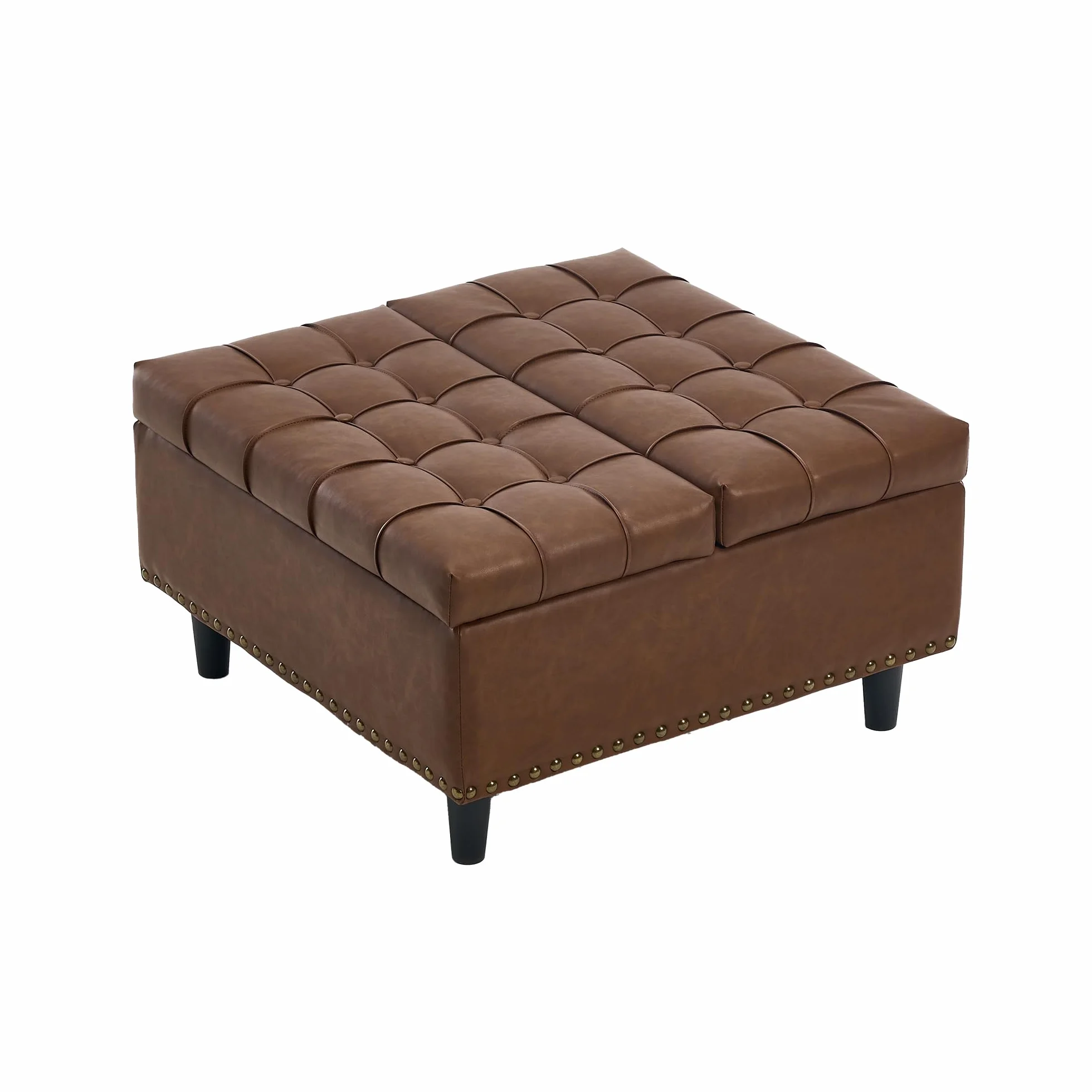 Silla de almacenamiento grande cuadrada banco elevable caja acolchada marrón PU