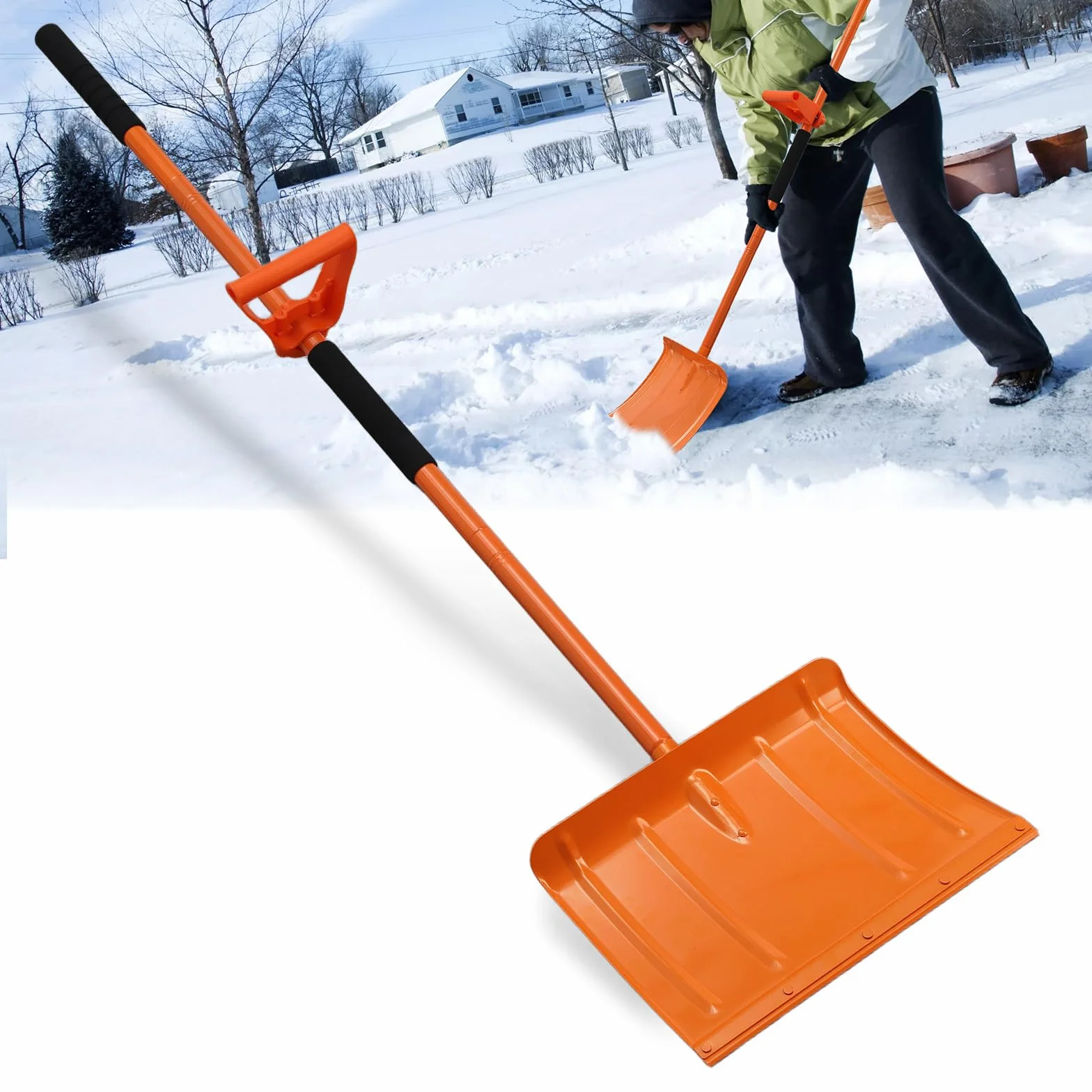 Pala de Nieve Portátil 171cm Ajustable 41cm Hoja Ancha de Metal para Camino de Entrada