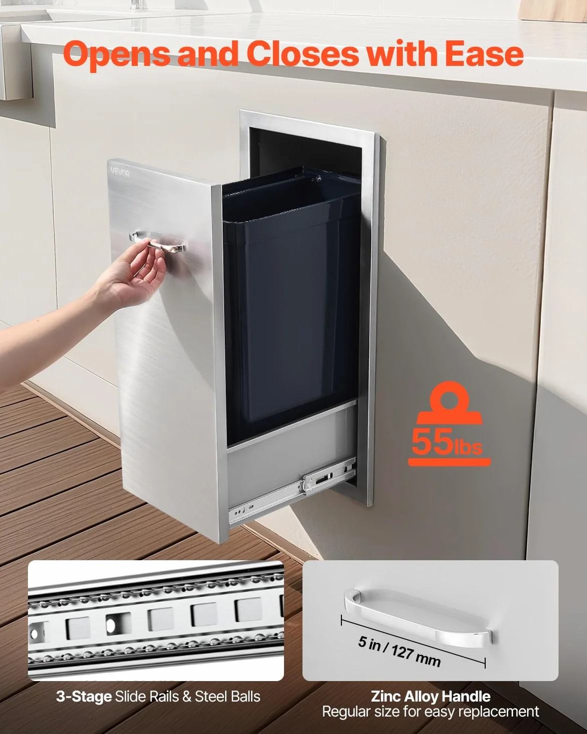 VEVOR Cajón de Basura para Cocina Exterior, Acero Inoxidable, 344 x 498 x 655 mm, Carga Máxima 25 kg