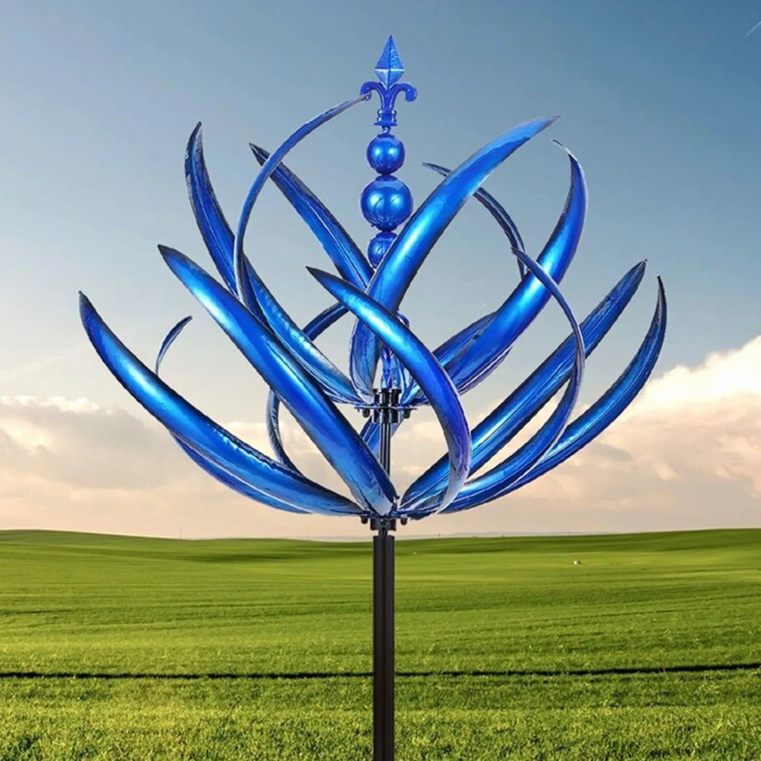Ozdoba ogrodowa wiatraczek metalowy 20 x 90 cm niebieski