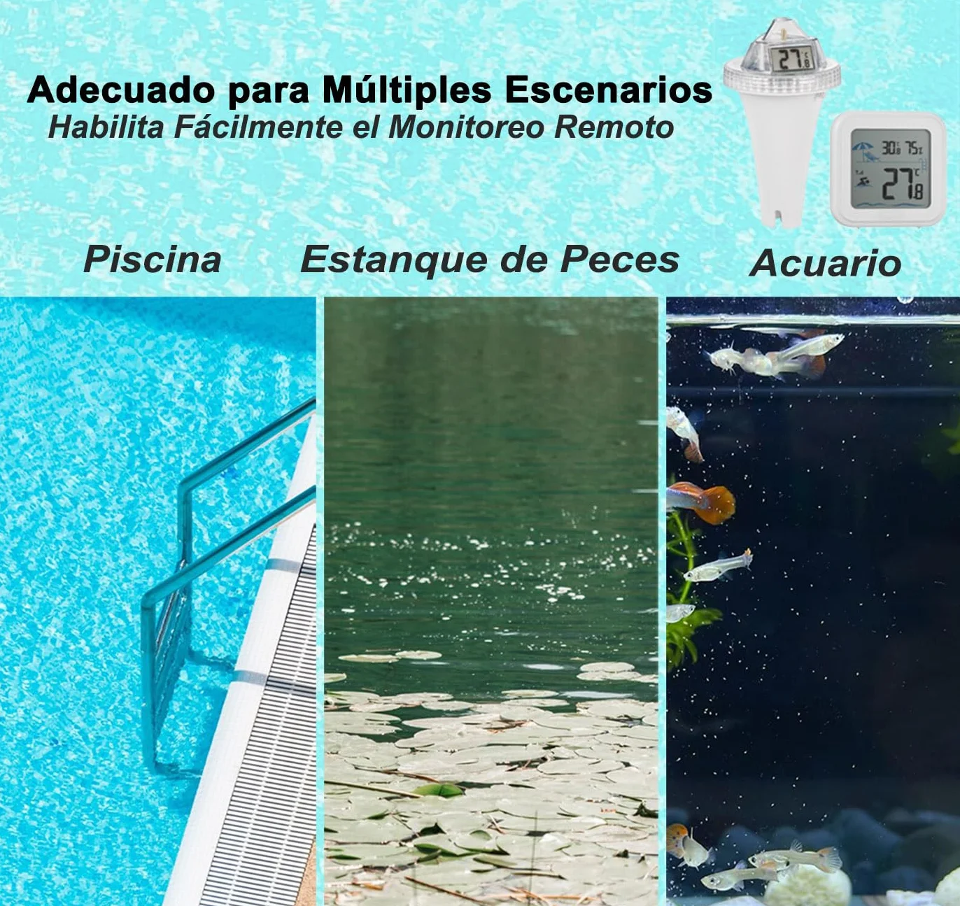 Termómetro Flotante Inalámbrico para Piscina con 3 Pantallas LCD Monitor de Temperatura de Agua Exterior