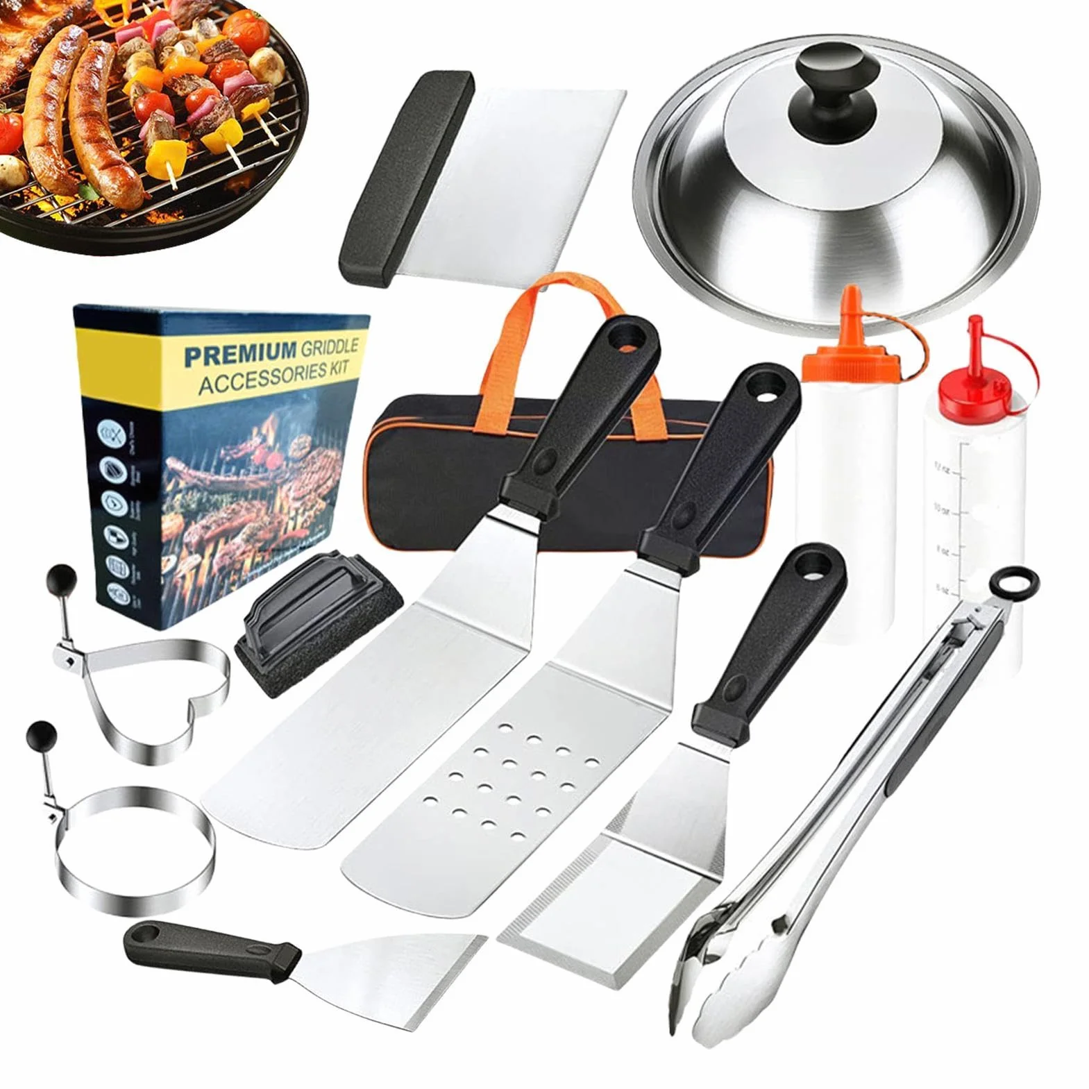 Utensilios BBQ,Juego Compacto De Utensilios para Parrilla - Set Portátil | Resistentes De Acero Inoxidable para Cocinar Carne Camarones Verduras En Jardín Patio Camping Y Brochetas