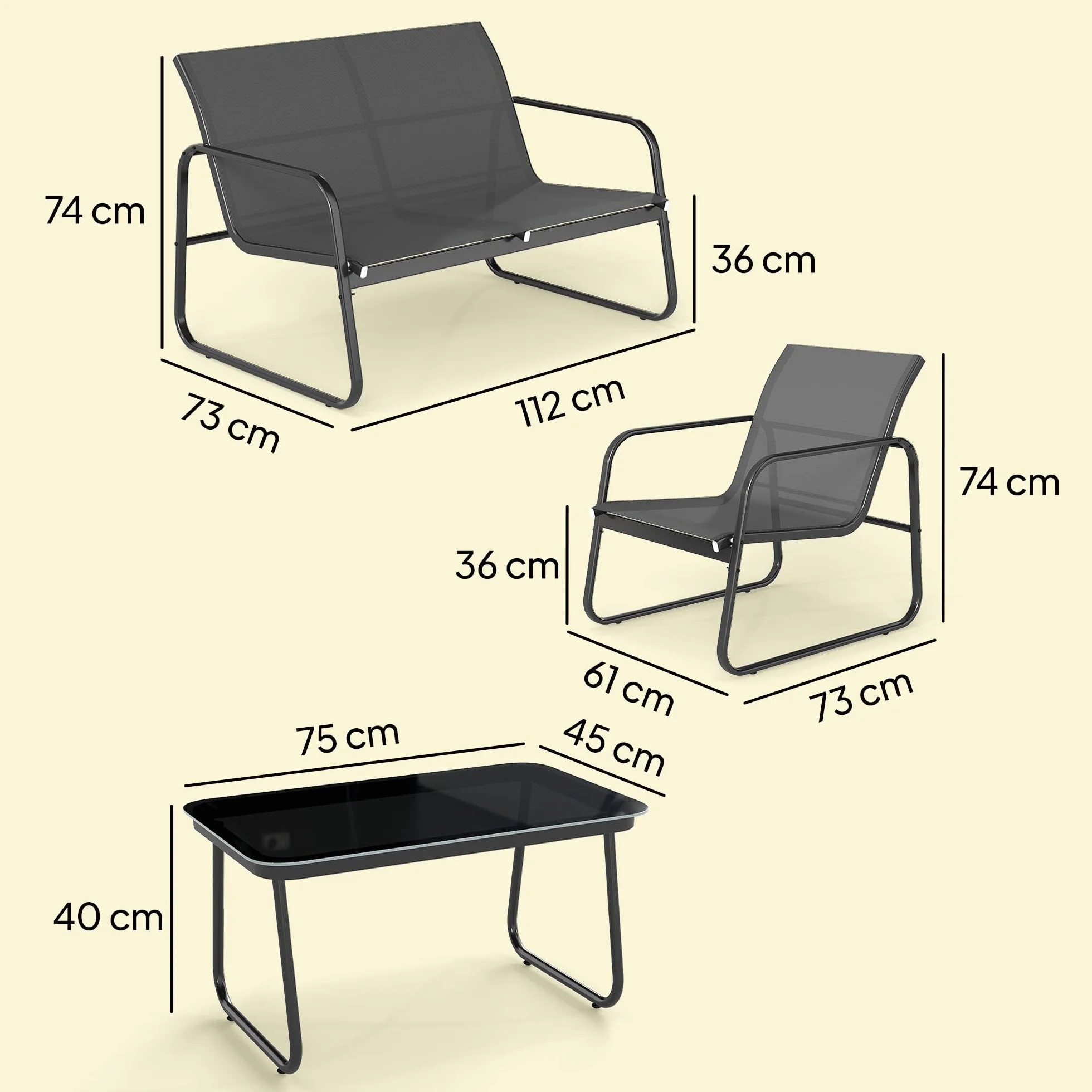 Outsunny Conjunto Jardín Exterior 4 Piezas Sofá 2 Plazas Sillones Mesa Vidrio Templado Textilene Acero Gris Oscuro