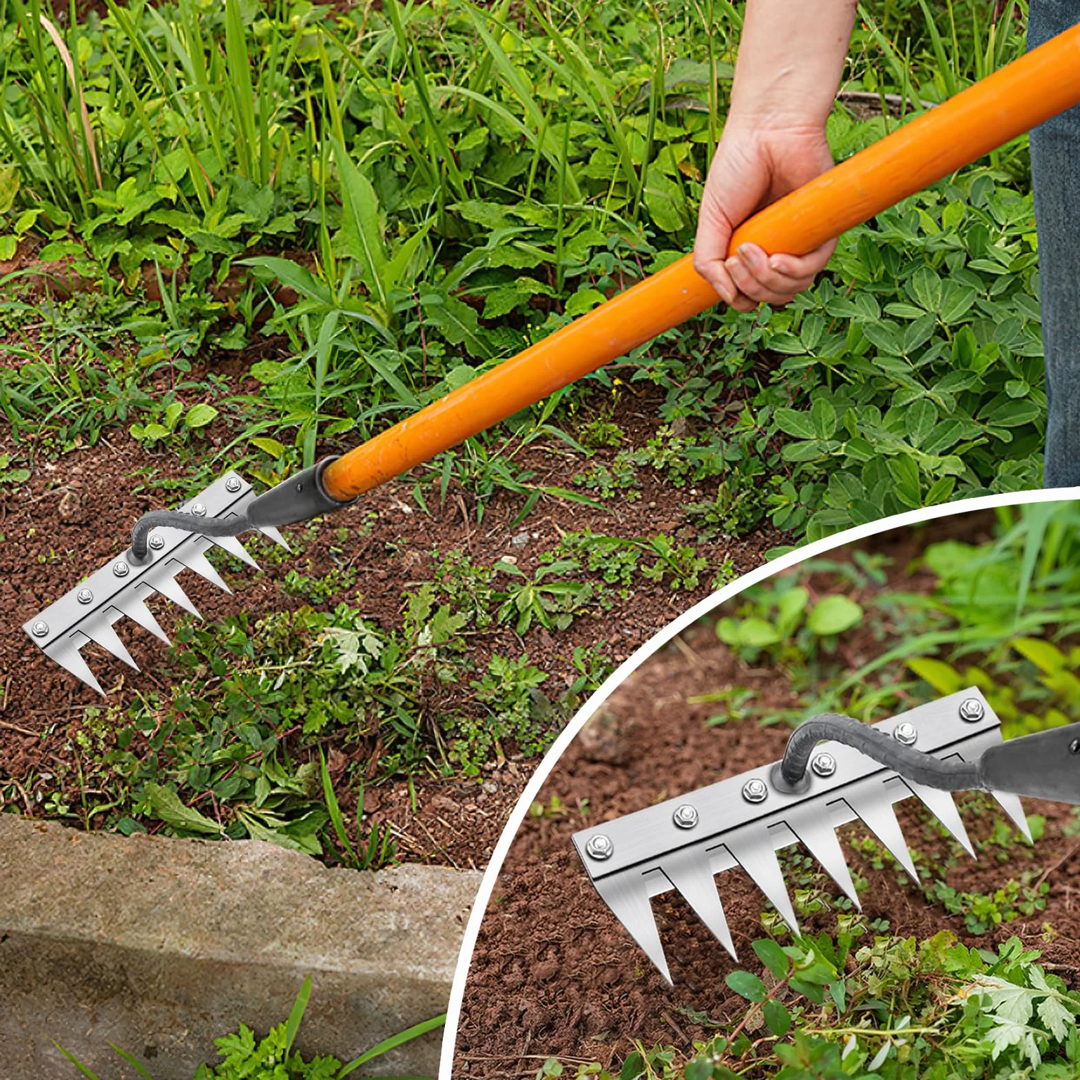 Rastrillo de Jardín de Acero al Carbono, 7 Dientes, Herramienta Multiusos para Deshierbar y Aflojar
