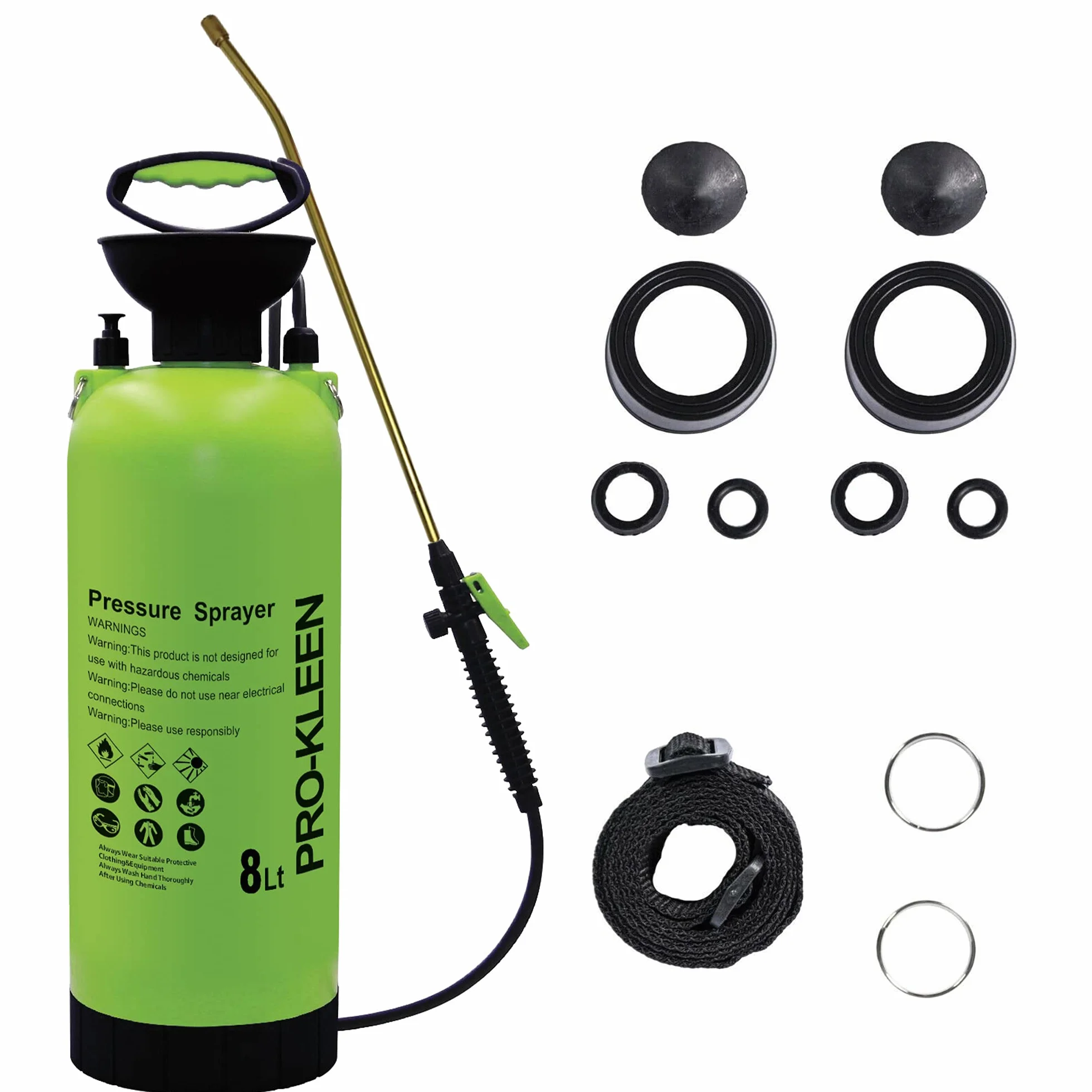 Pro-Kleen Pulverizador de bomba de presión de jardín de acción manual, 8 L, con lanza de latón y 2 kits de sellado de repuesto, para mataméricas, insecticidas, fungicidas (8 L)