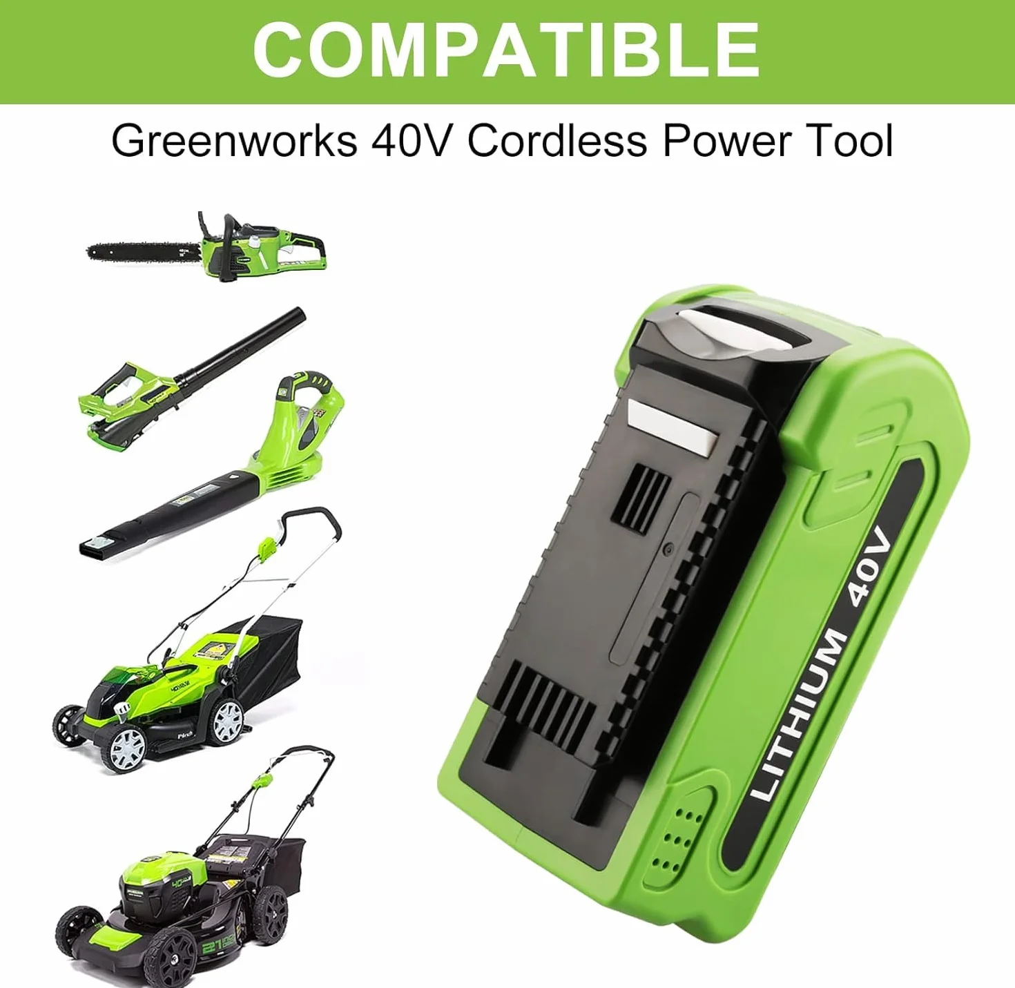 Batería de repuesto de 40 V para Greenworks 40 V 2.0 Ah, compatible con todas las herramientas eléctricas G-MAX de 40 V G40B2 G40B4 G40B5 G40B25 29462 29472 20202 20302 25312 25322 (capacidad real)
