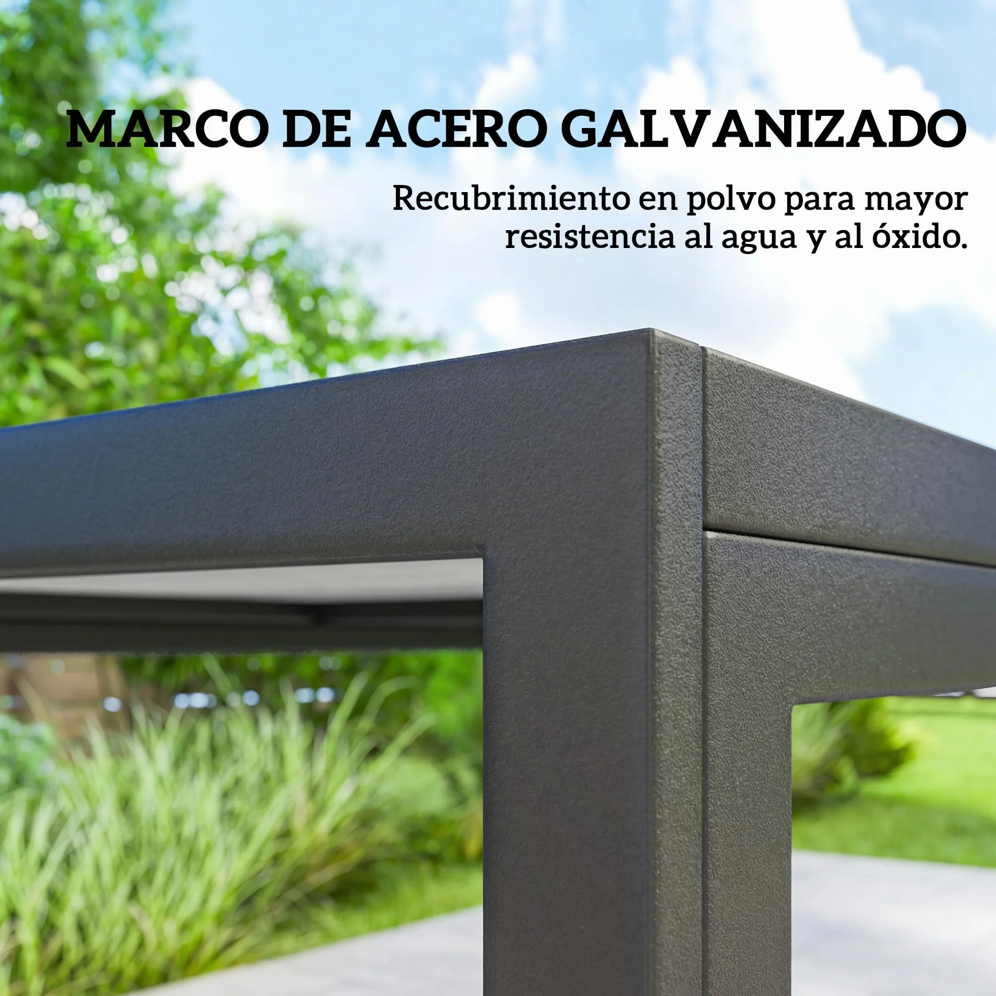 Outsunny Conjunto de Mesa y Sillas Jardín de 7 Piezas, Muebles de Jardín Exterior con Mesa de Efecto Madera y 6 Sillas con Asiento Transpirable, Marco de Acero Galvanizado, para Terraza, Patio, Negro