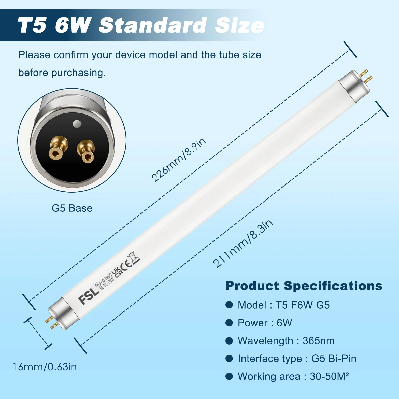 Tubos de Repuesto UV 365 nm 22.6 cm para Lámpara Antimosquitos 12W, Paquete de 2