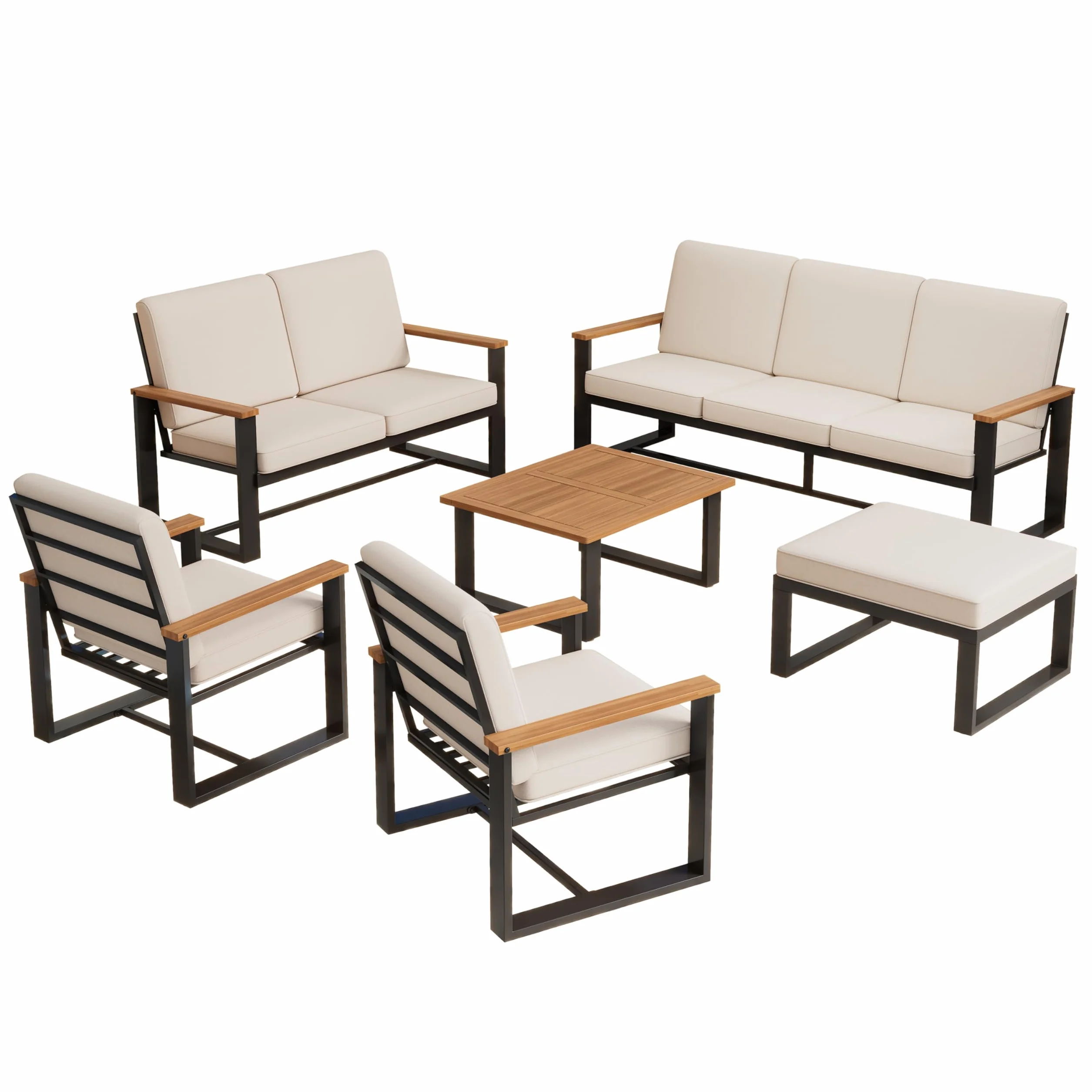 Soweiz Juego de muebles de jardín, 1 sofá de 3 plazas, 1 sofá de 2 plazas, 2 sofás de 1 plaza, mesa de centro y reposapiés, mesa de café y reposapiés, diseño sencillo, acero galvanizado, color beige