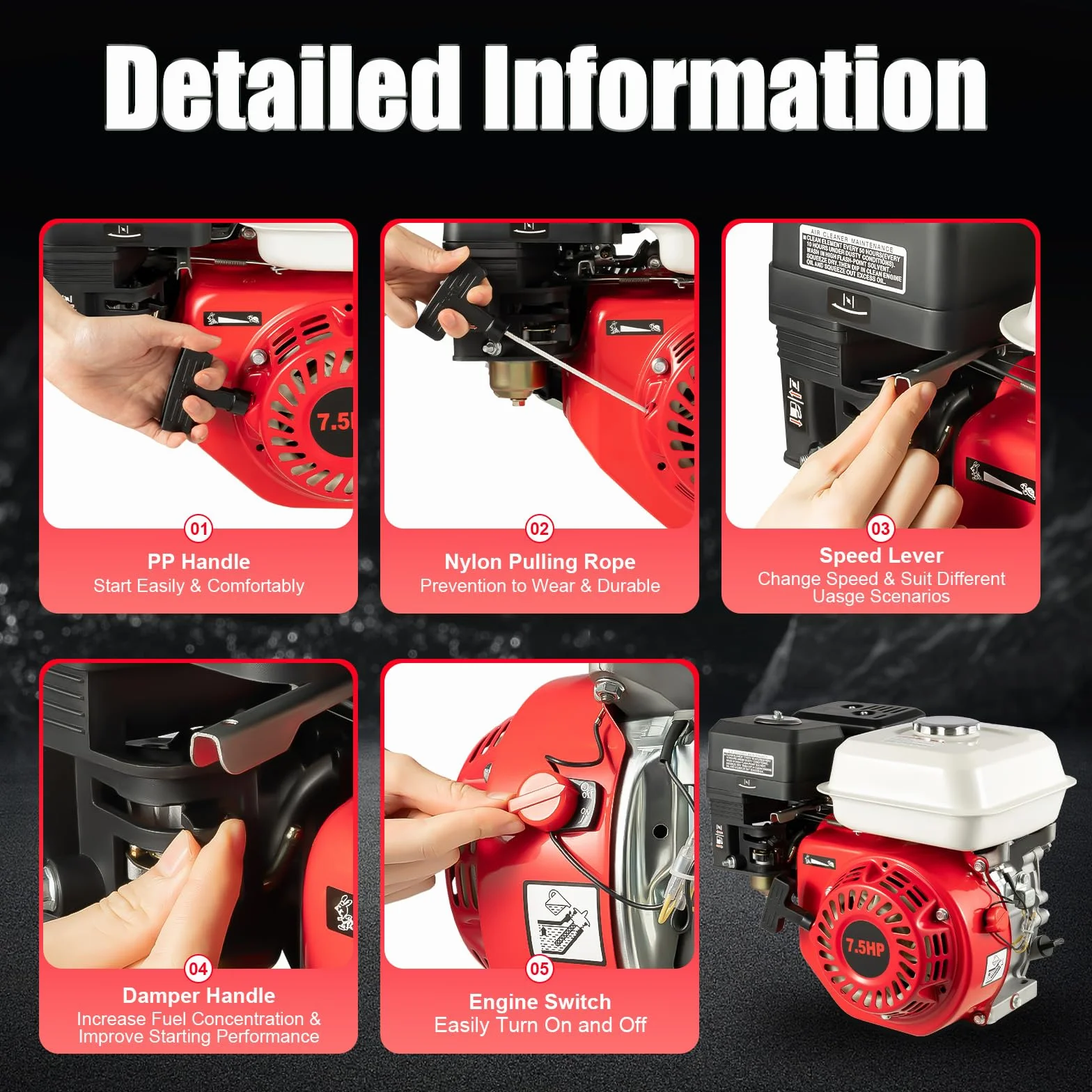 Motor de gasolina de 7,5 CV, 4,8 kW, 4 tiempos, 212 CC, motor de gasolina monocilindro, motor de karts, motor de accionamiento con eje de 20 mm de diámetro, protección contra la falta de aceite