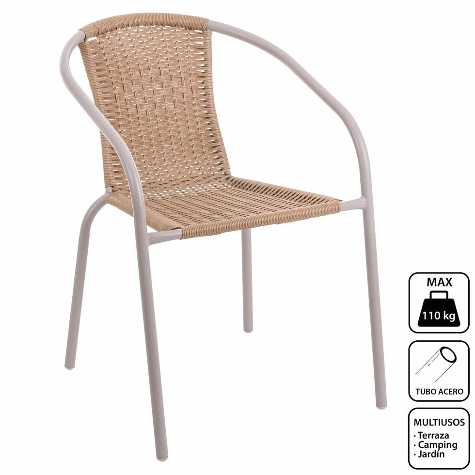 MONTY Conjunto Jardín Exterior Mesa Cristal Templado Ø60cm 2 Sillones Ratan Beige Apilables