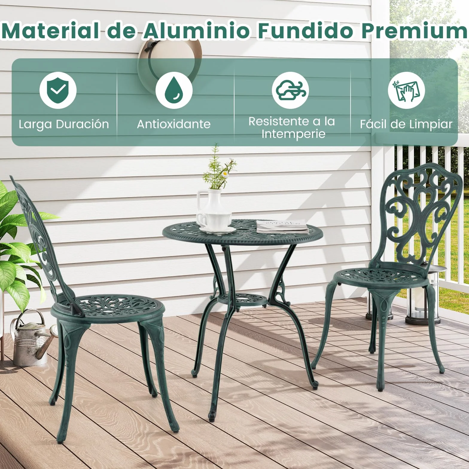 COSTWAY Conjunto Jardin Exterior 3 Piezas Sillas Mesa Aluminio Fundido Agujeros Sombrilla